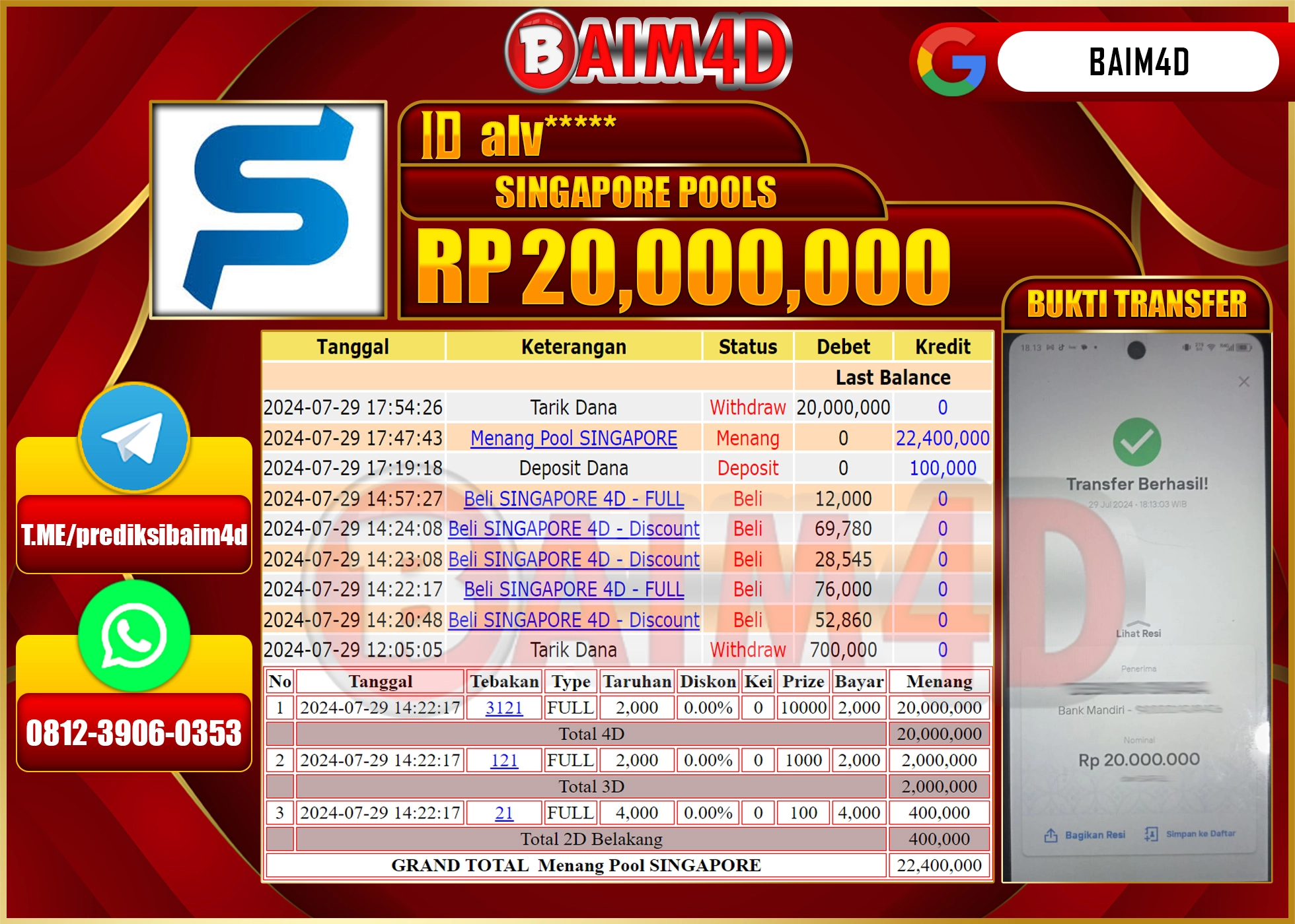 BAIM4D JACKPOT  TOTO SINGAPORE Rp.20.000,000.- LUNAS