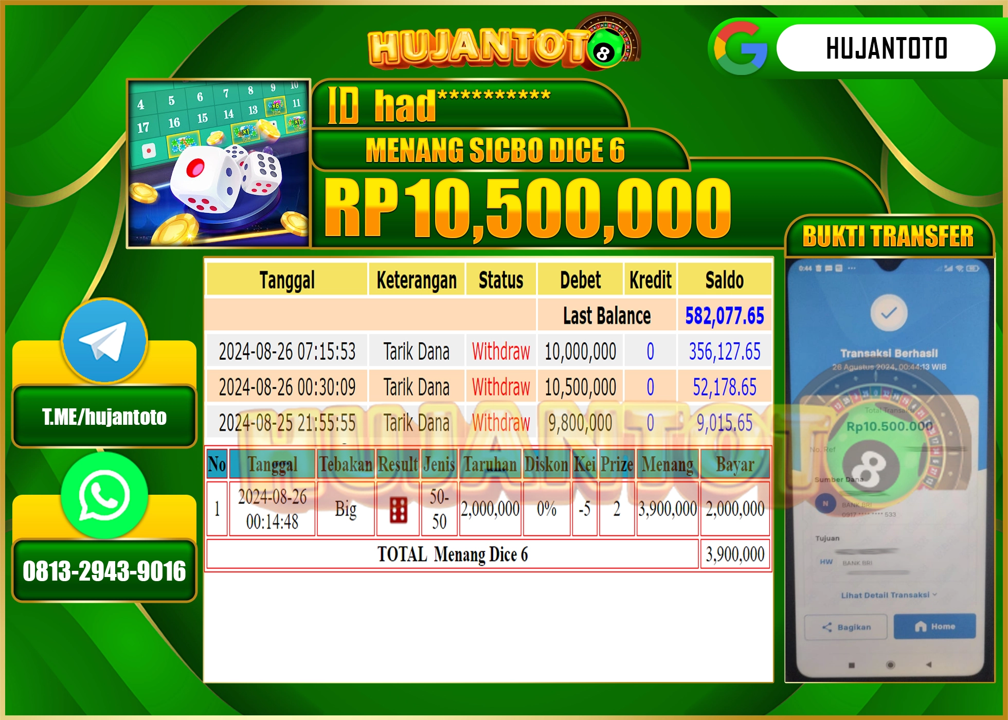 HUJANTOTO MENANG BESAR DI PERMAINAN LIVE GAME SICBO DICE 6 , 10.500.000 - LUNAS 