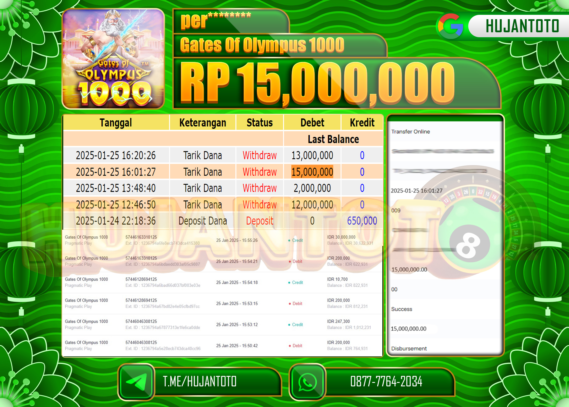 HUJANTOTO - BUKTI JACKPOT DI SLOT GATES OF OLYMPUS 1000 Rp,15,000,000 - TERBAYAR LUNAS