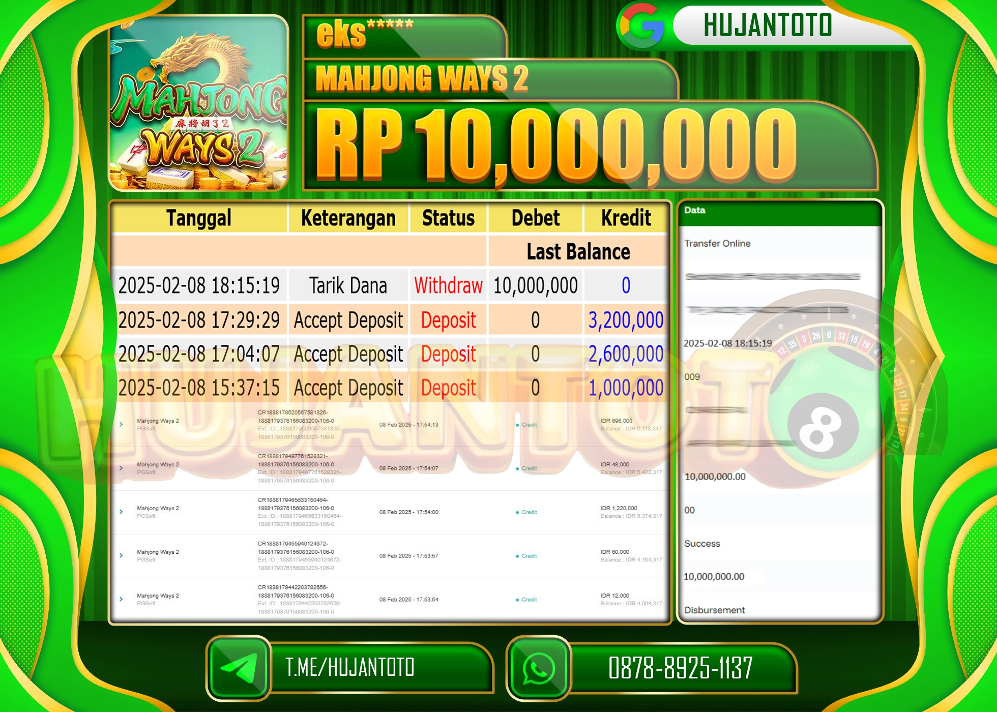 HUJANTOTO - BUKTI JACKPOT MENANG SLOT MAHJONG WAYS 2 Rp,10,000,000 - TERBAYAR LUNAS