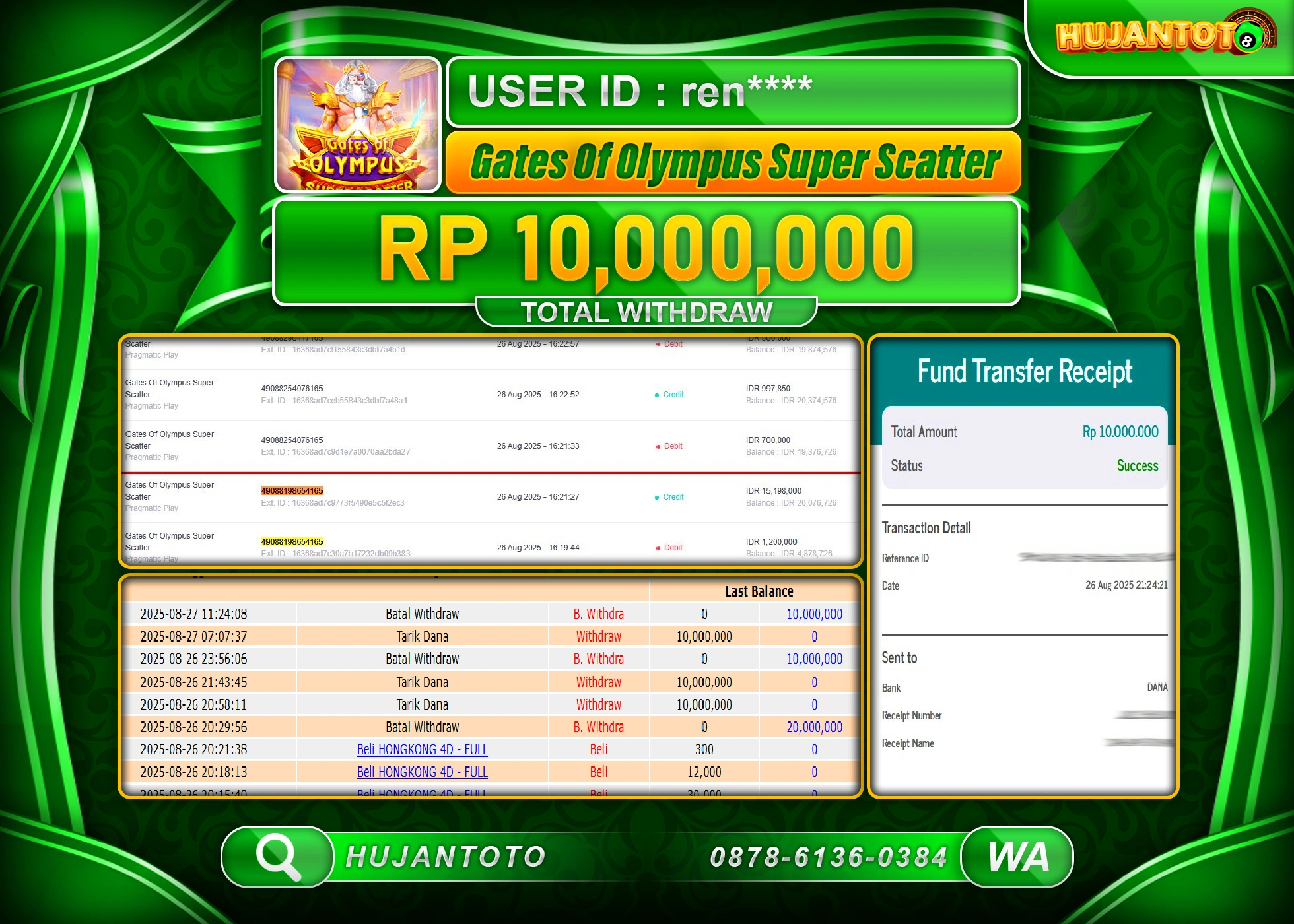 HUJANTOTO - BUKTI JACKPOT MENANG SLOT SLOT GATES OF OLYMPUS SUPER SCTTER Rp.10,000,000 - TERBAYAR LUNAS