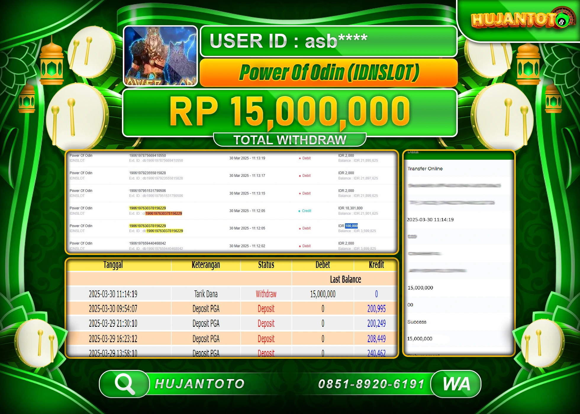 HUJANTOTO - BUKTI JACKPOT MENANG SLOT POWER OF ODIN Rp,15,000,000 - TERBAYAR LUNAS
