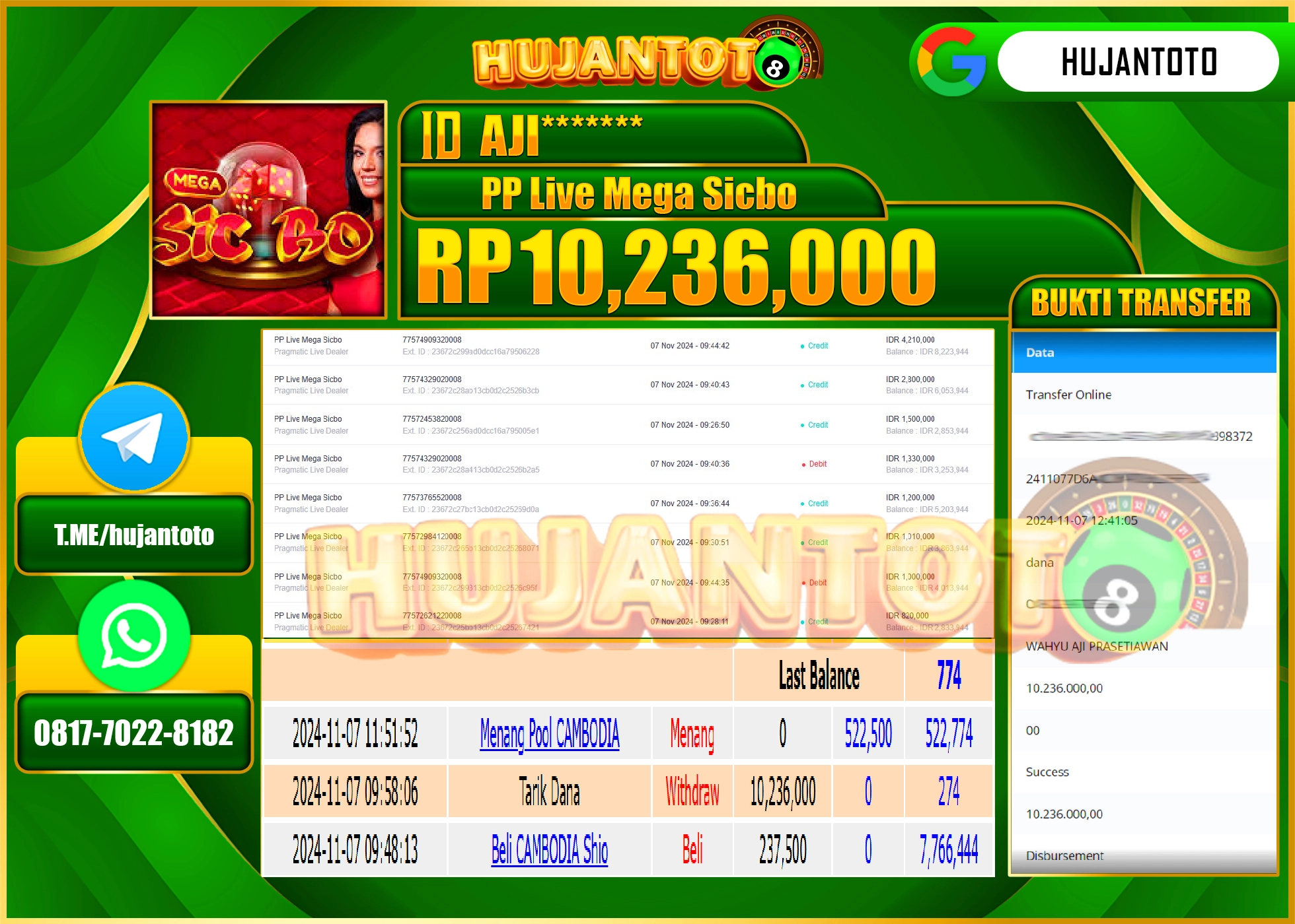HUJANTOTO MENANG DI PERMAINAN GAME  PP LIVE MEGA SICBO  - 10,236,000 - LUNAS