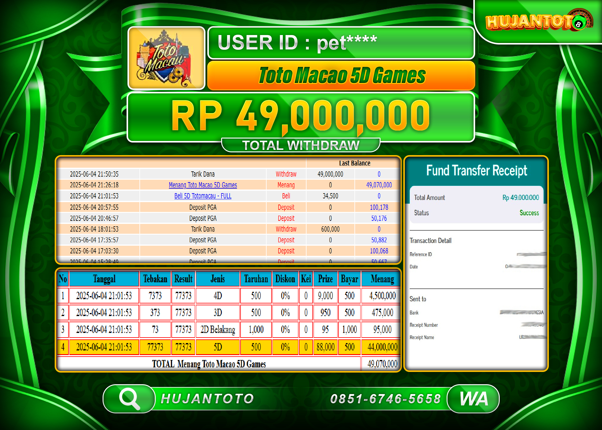 HUJANTOTO - BUKTI JACKPOT MENANG TOGEL TOTO MACAU 5D Rp.49,000,000 - TERBAYAR LUNAS