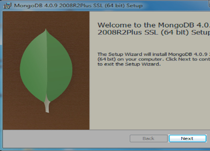 A screenshot of the Windows MSI installer for MongoDB with the ""Next"" button highlighted