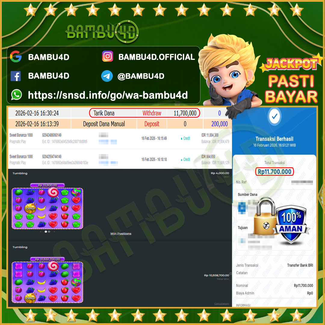 BAMBU4D JACKPOT SLOT PRAGMATIC SWEET BONANZA 1000 Rp.11.004.300,- LUNAS
