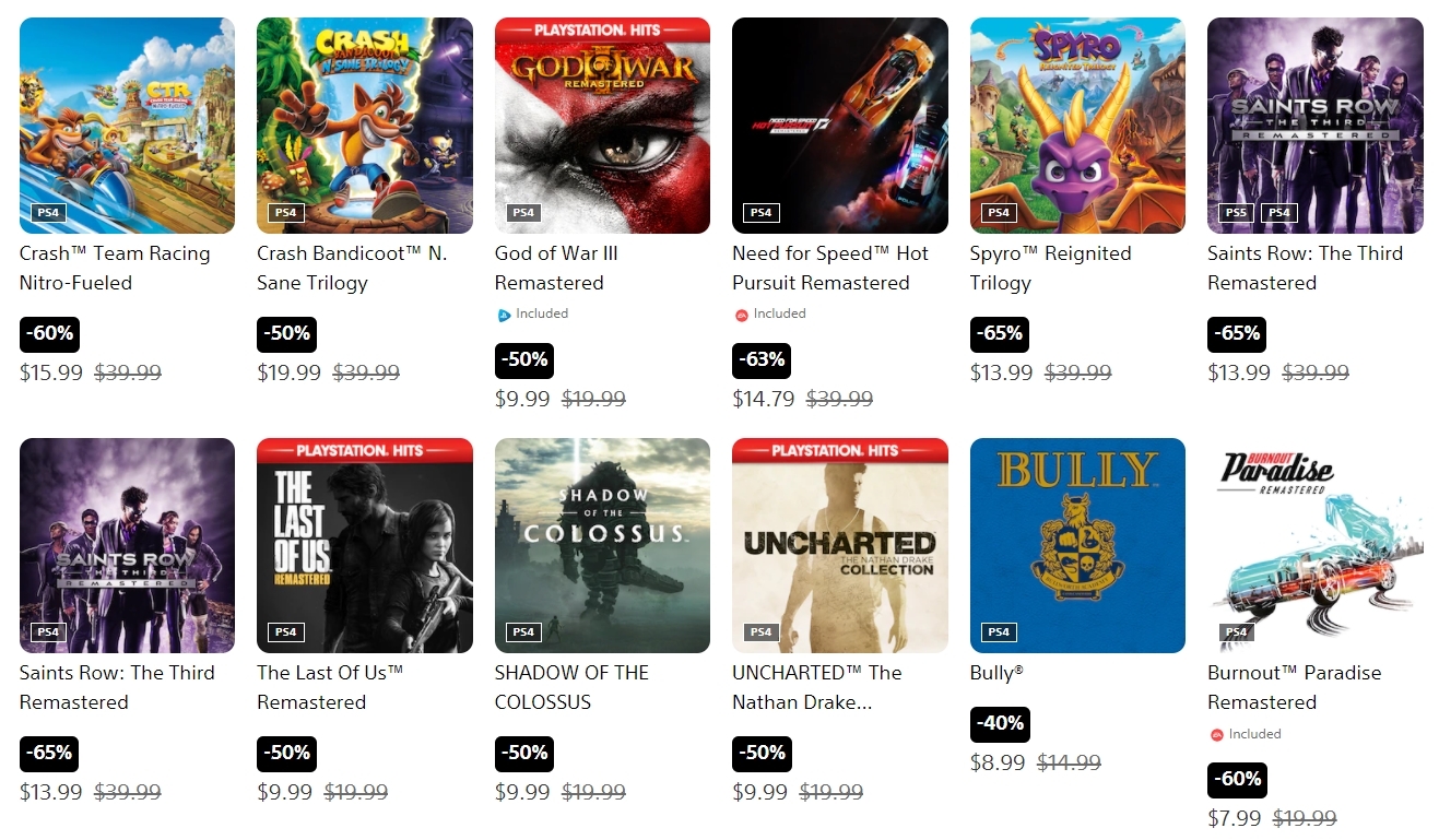 Various PlayStation games listed on sale