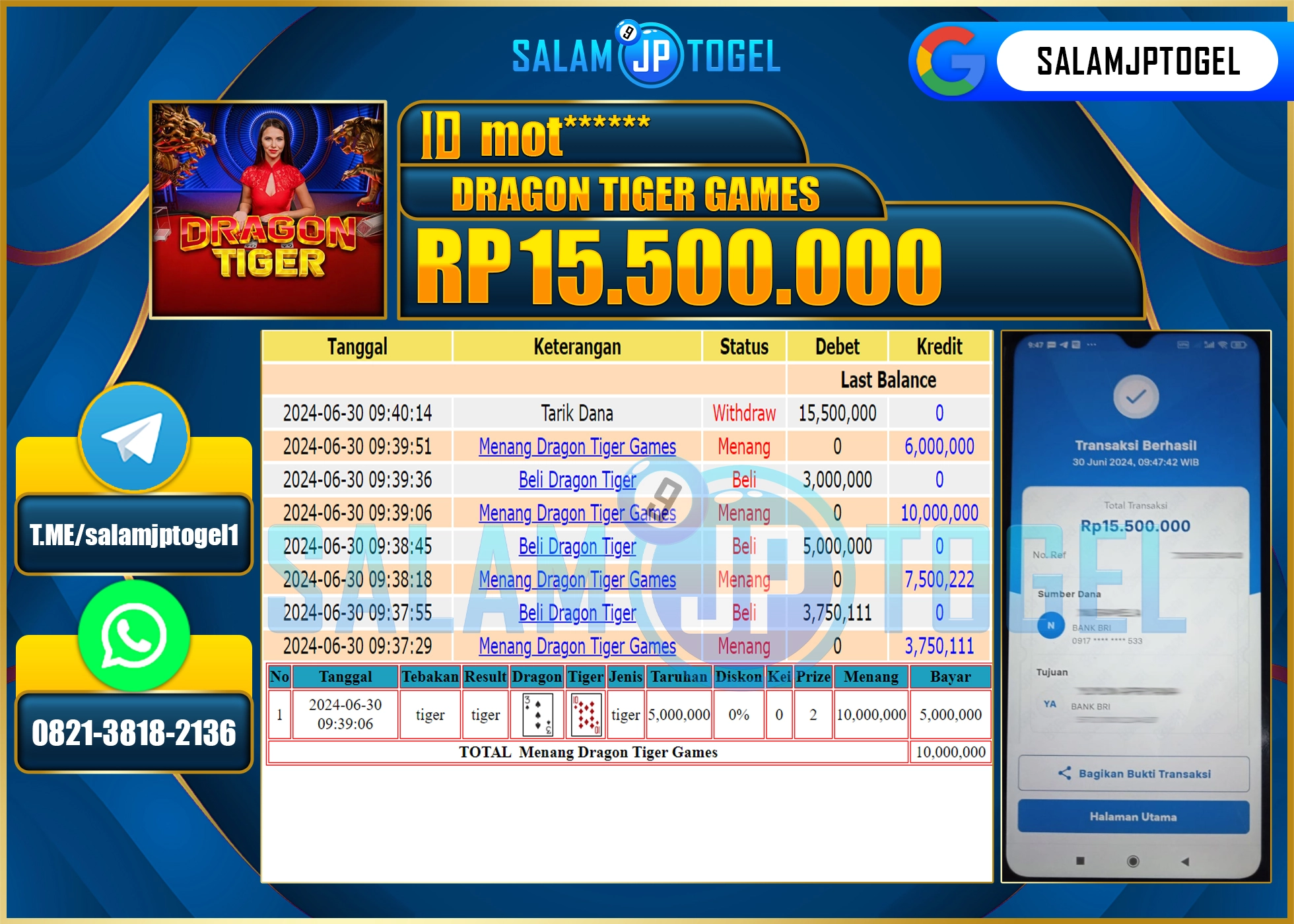 SALAMJPTOGEL MENANG  Dragon Tiger Games RP. 15,500,000.,LUNAS