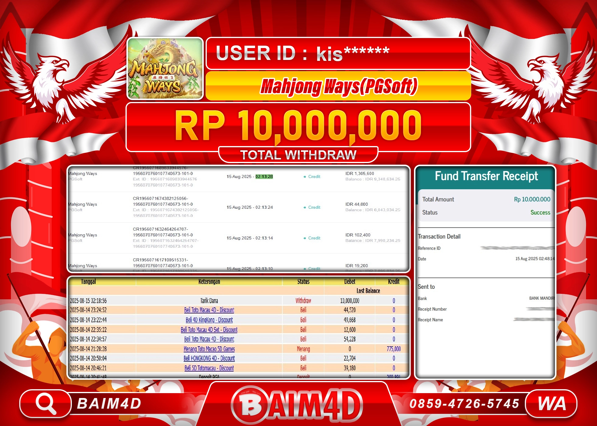 BAIM4D JACKPOT SLOT MAHJONG WAYS (PGSOFT)  Rp.10,000,000.- LUNAS