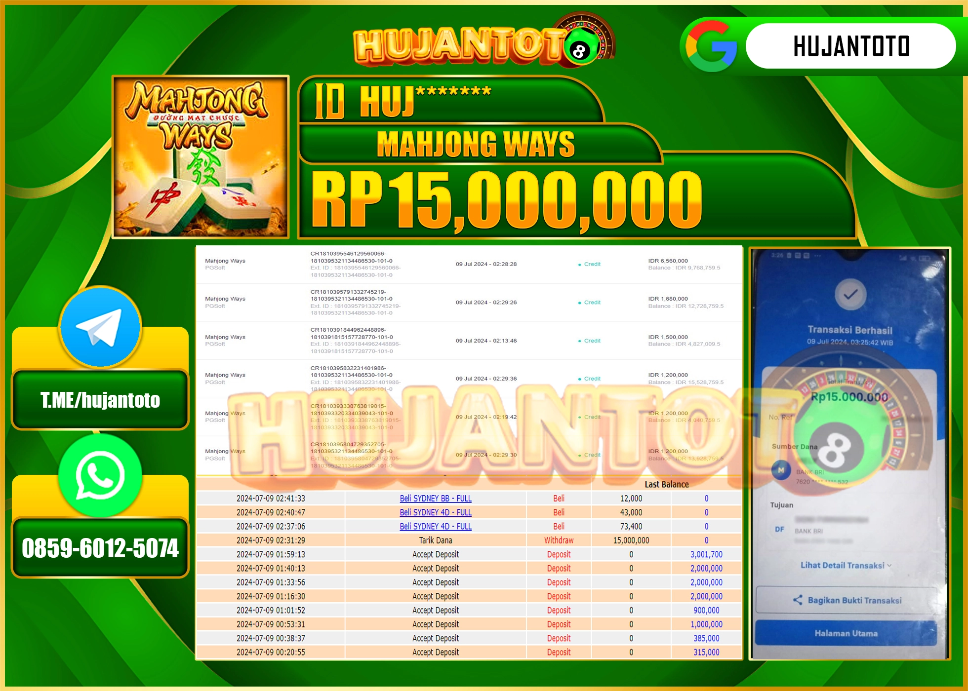 HUJANTOTO MENANG SLOT MAHJONG WAYS 2, 15,000,000 - LUNAS 