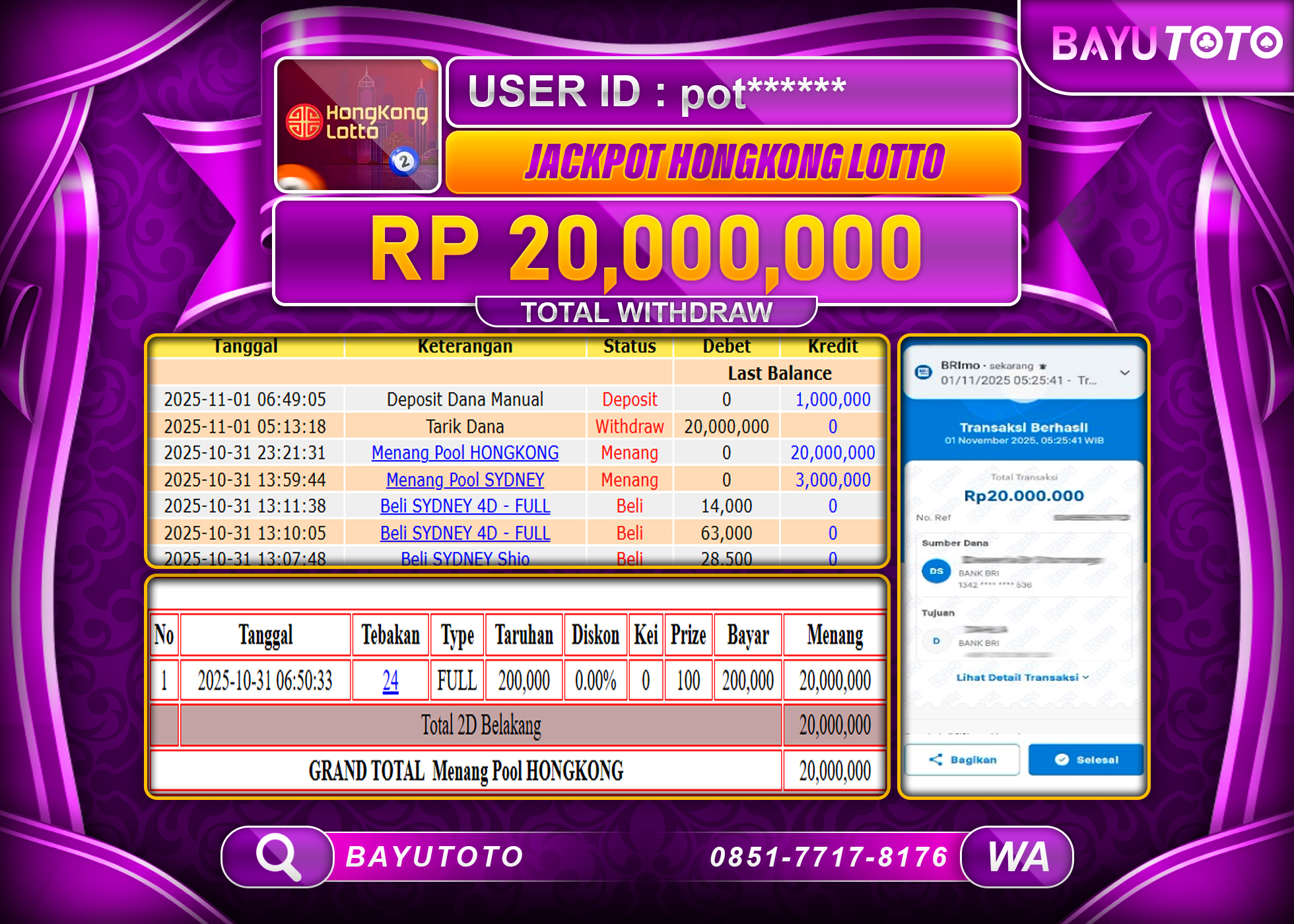 MEMBER BAYUTOTO JACKPOT DI TOGEL HONGKONG Rp. 20,000,000 LUNAS