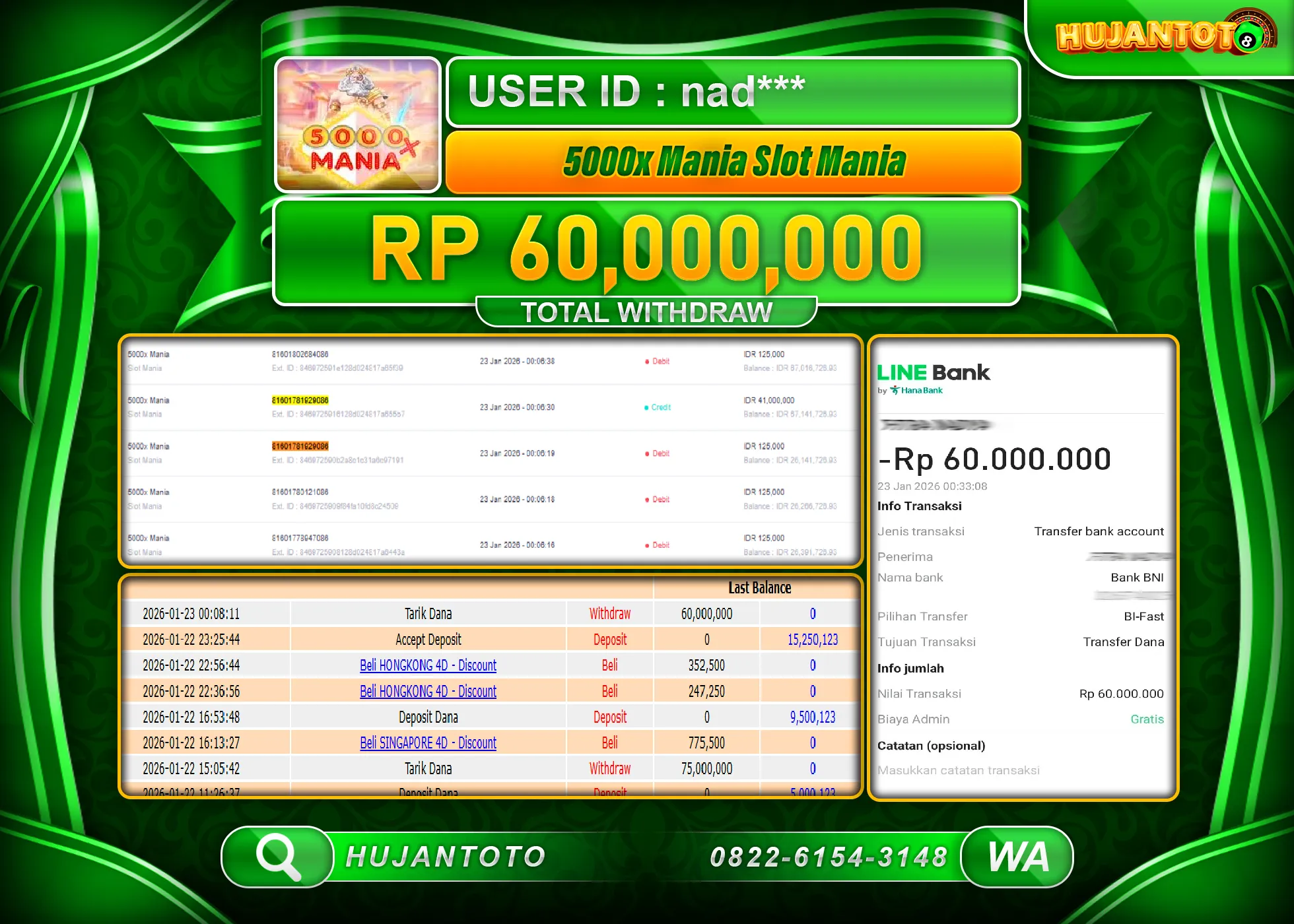 HUJANTOTO - BUKTI JACKPOT MENANG SLOT 5000 X SLOT MANIA Rp.60,000,000 - TERBAYAR LUNAS