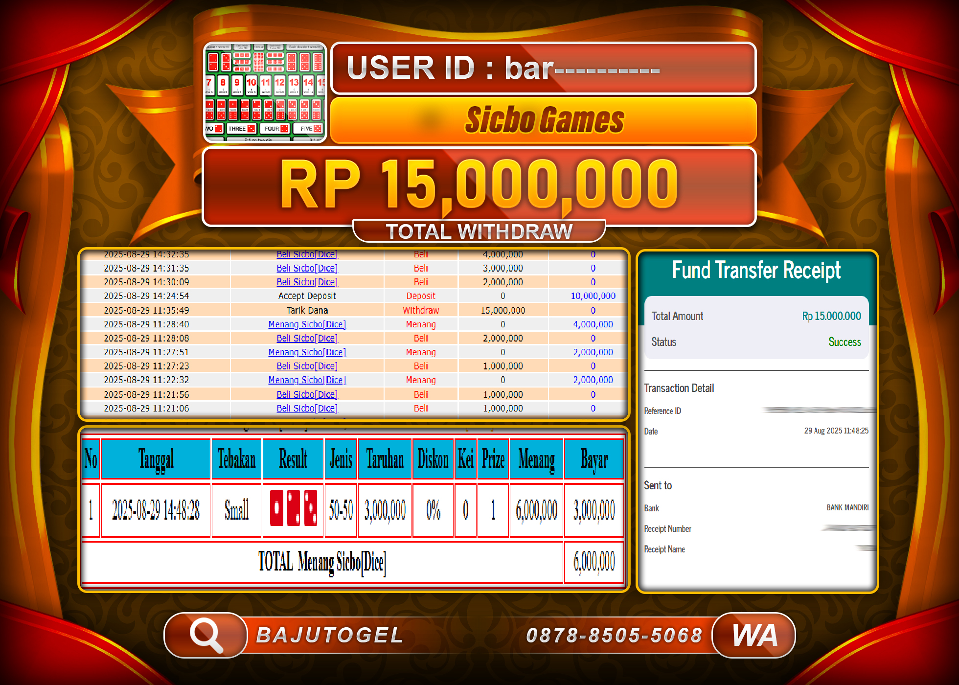 BAJUTOGEL KEMENANGAN LIVE CASINO SICBO GAMES Rp.15.000.000 LUNAS