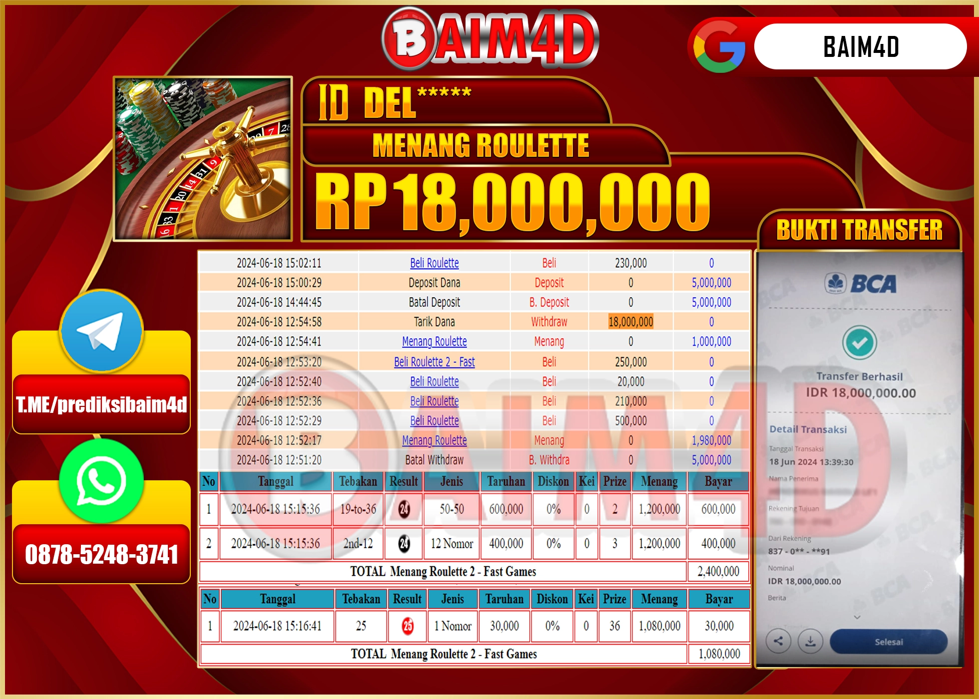 BAIM4D JACKPOT LIVE CASINO ROULETTE Rp.18.000.000.,- LUNAS