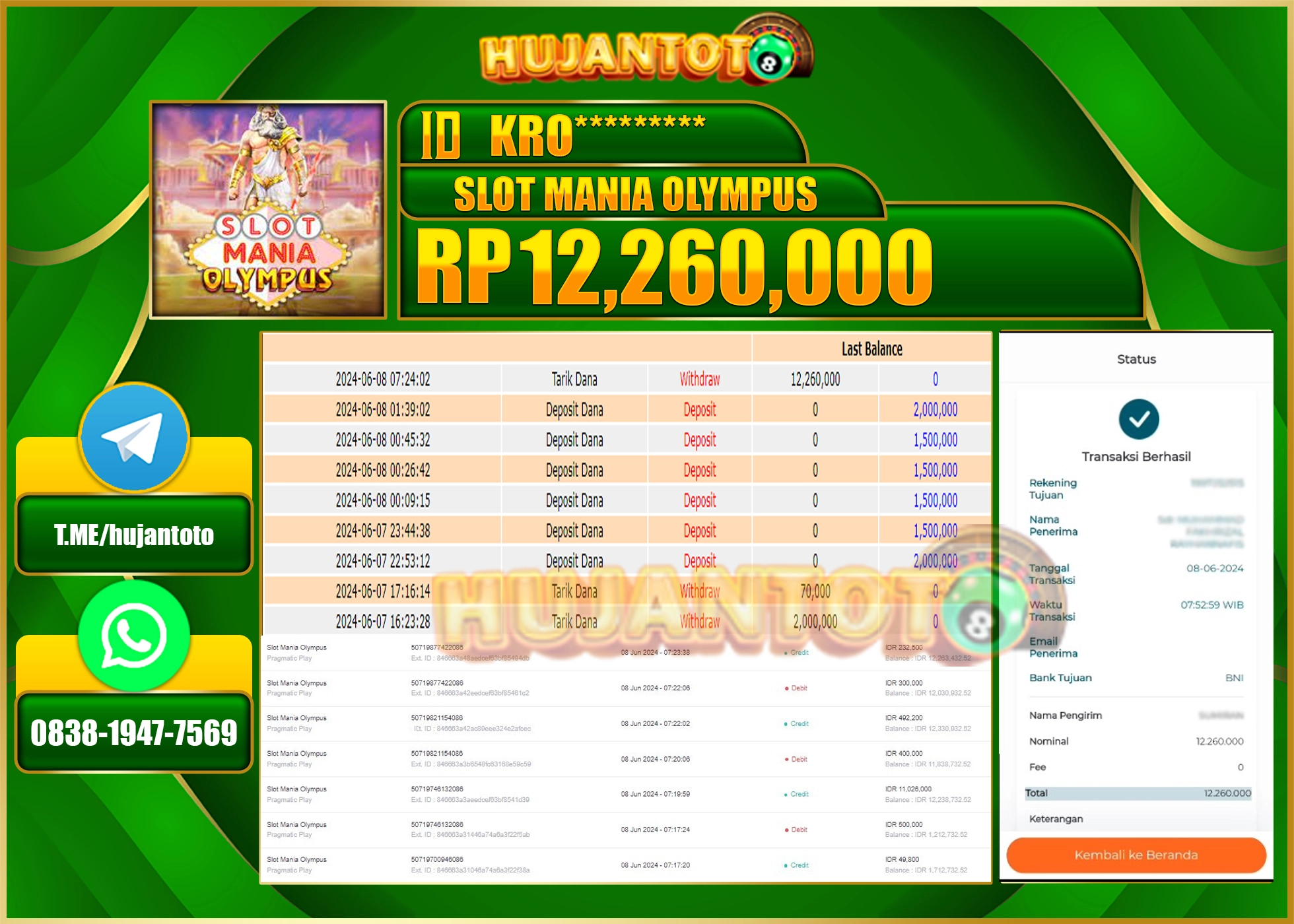 HUJANTOTO MENANG SLOT MANIA OLYMPUS 12.260.000 - LUNAS 