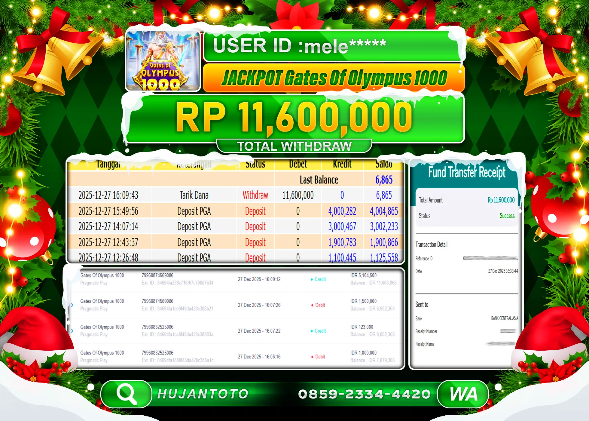 HUJANTOTO - BUKTI JACKPOT MENANG SLOT GATES OF OLYMPUS 1000 Rp.11,600,000 - TERBAYAR LUNAS