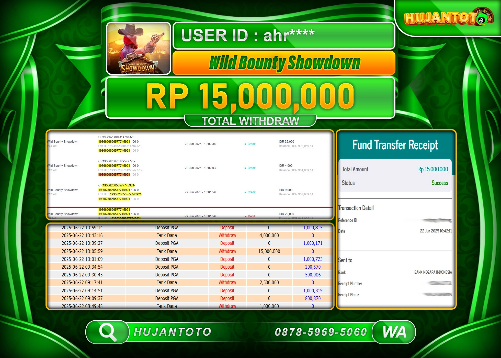 HUJANTOTO - BUKTI JACKPOT MENANG SLOT WILD BOUNTY SHOWDOWN Rp.18,000,000 - TERBAYAR LUNAS