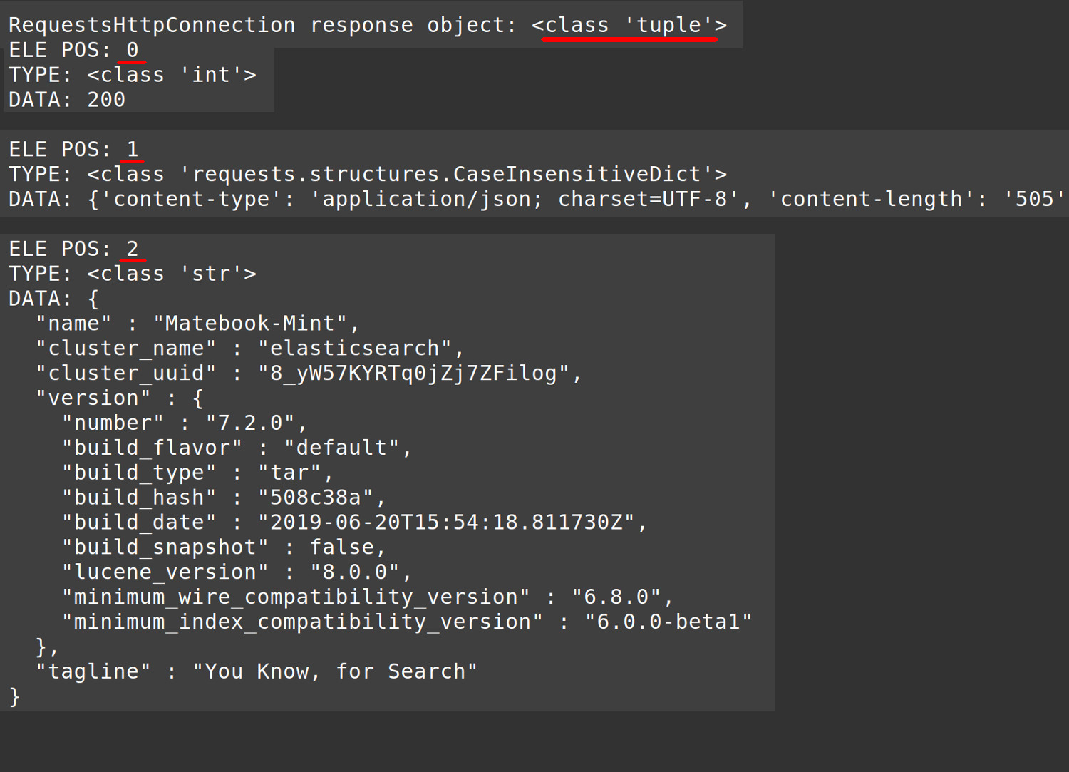 Screenshot of the RequestsHttpConnection response returned by Elasticsearch using Python