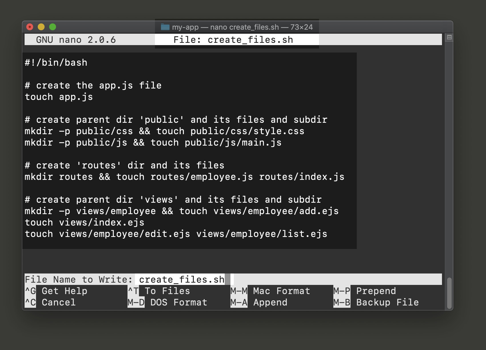 Screenshot of the nano terminal editor writing bash script to create files for Node app