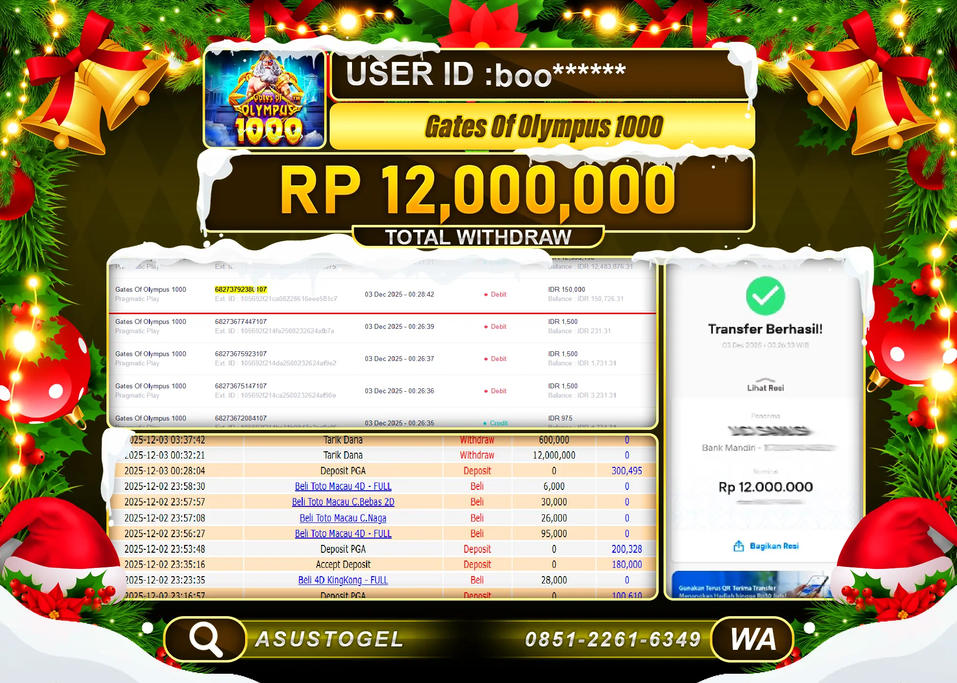ASUSTOGEL KEMENANGAN DI SLOT GATES OF OLYMPUS 1000 SEBESAR 12,000,000 - RUPIAH LUNAS