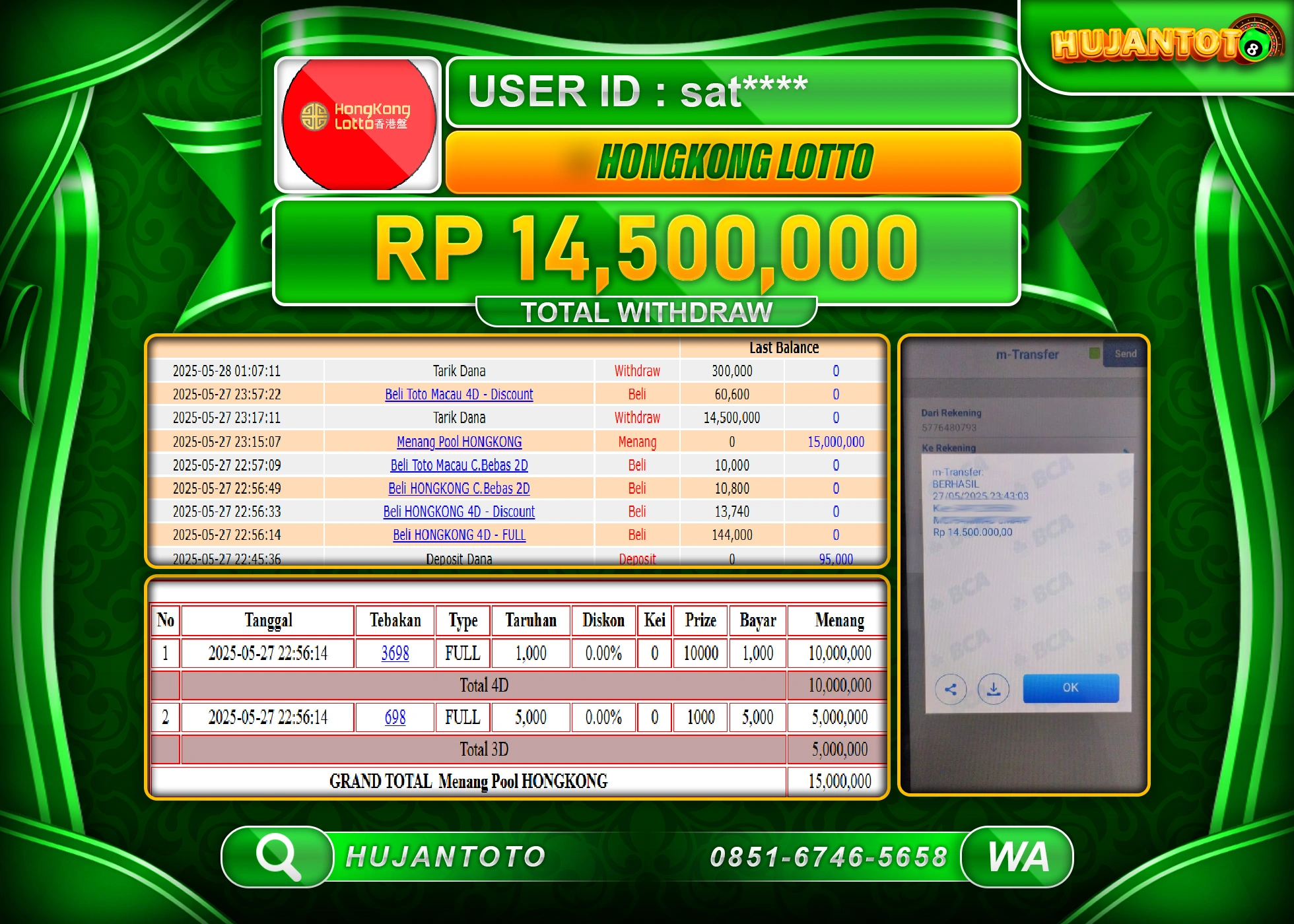 HUJANTOTO - BUKTI JACKPOT MENANG TOGEL HONGKONG LOTTO Rp.14,500,000 - TERBAYAR LUNAS