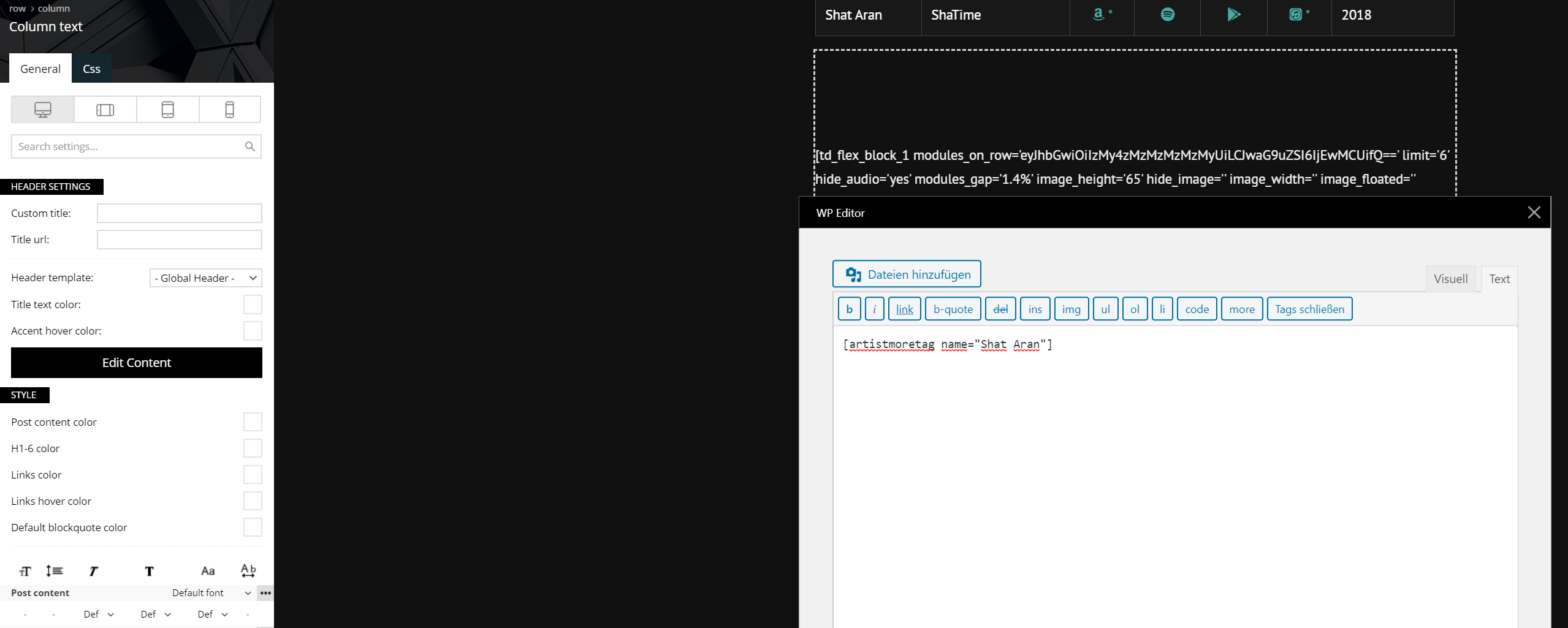 Content of column text