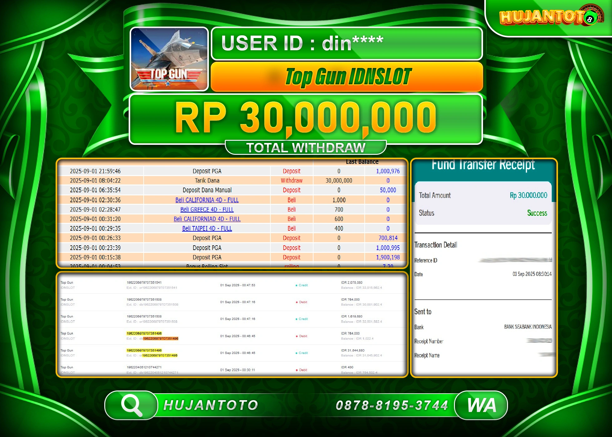 HUJANTOTO - BUKTI JACKPOT MENANG GAMES SLOT TOP GUN IDNSLOT Rp.30,000,000 - TERBAYAR LUNAS