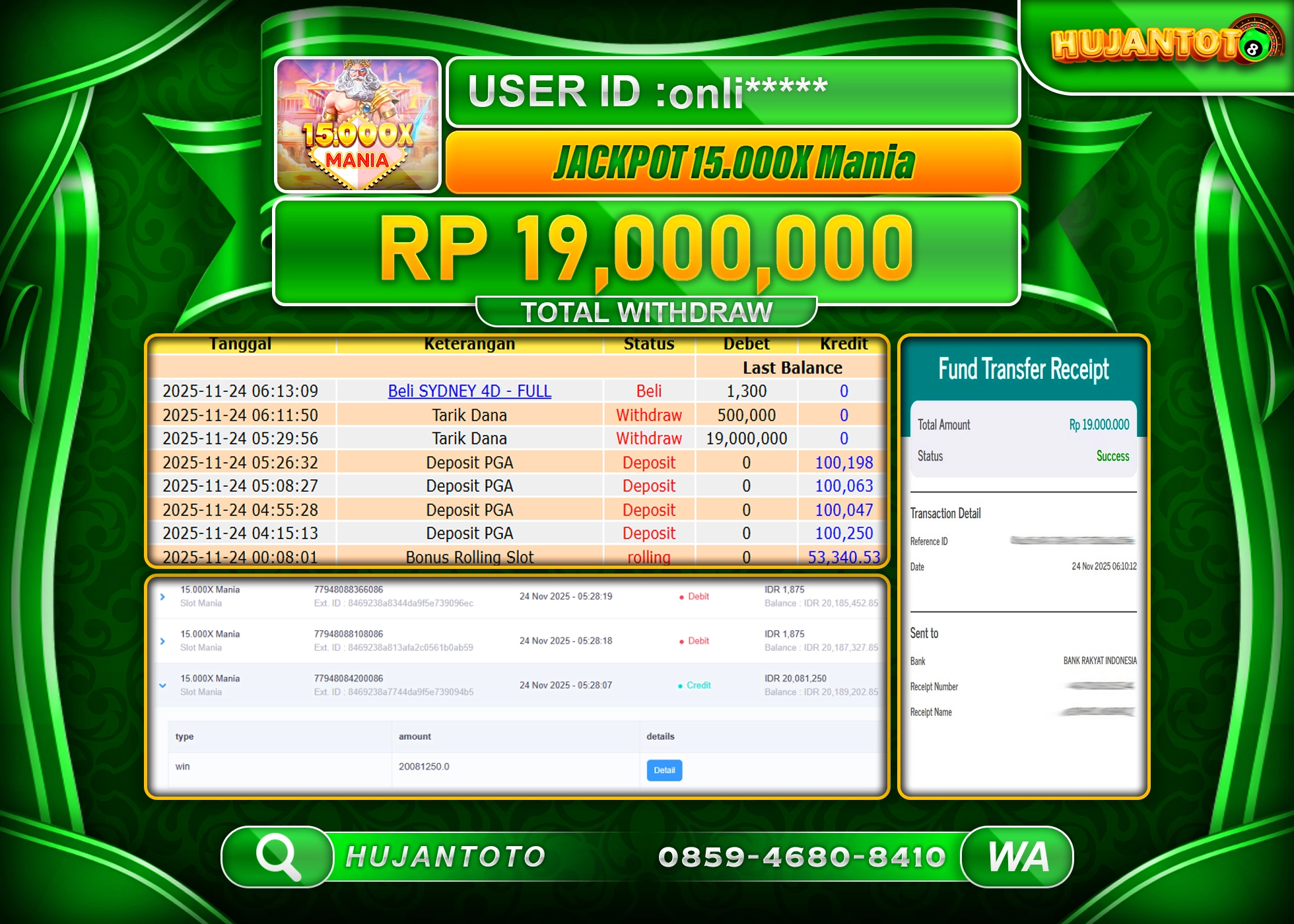 HUJANTOTO - BUKTI JACKPOT MENANG SLOT 15.000 X MANIA Rp.19,000,000 - TERBAYAR LUNAS