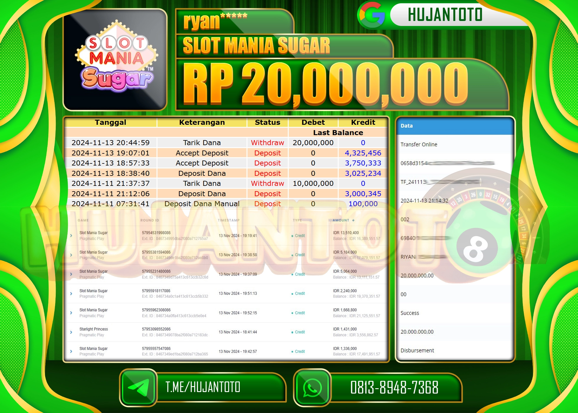 HUJANTOTO MENANG DI RAIH DI PERMAINAN  SLOT MANIA SUGAR - 20,000,000  - LUNAS