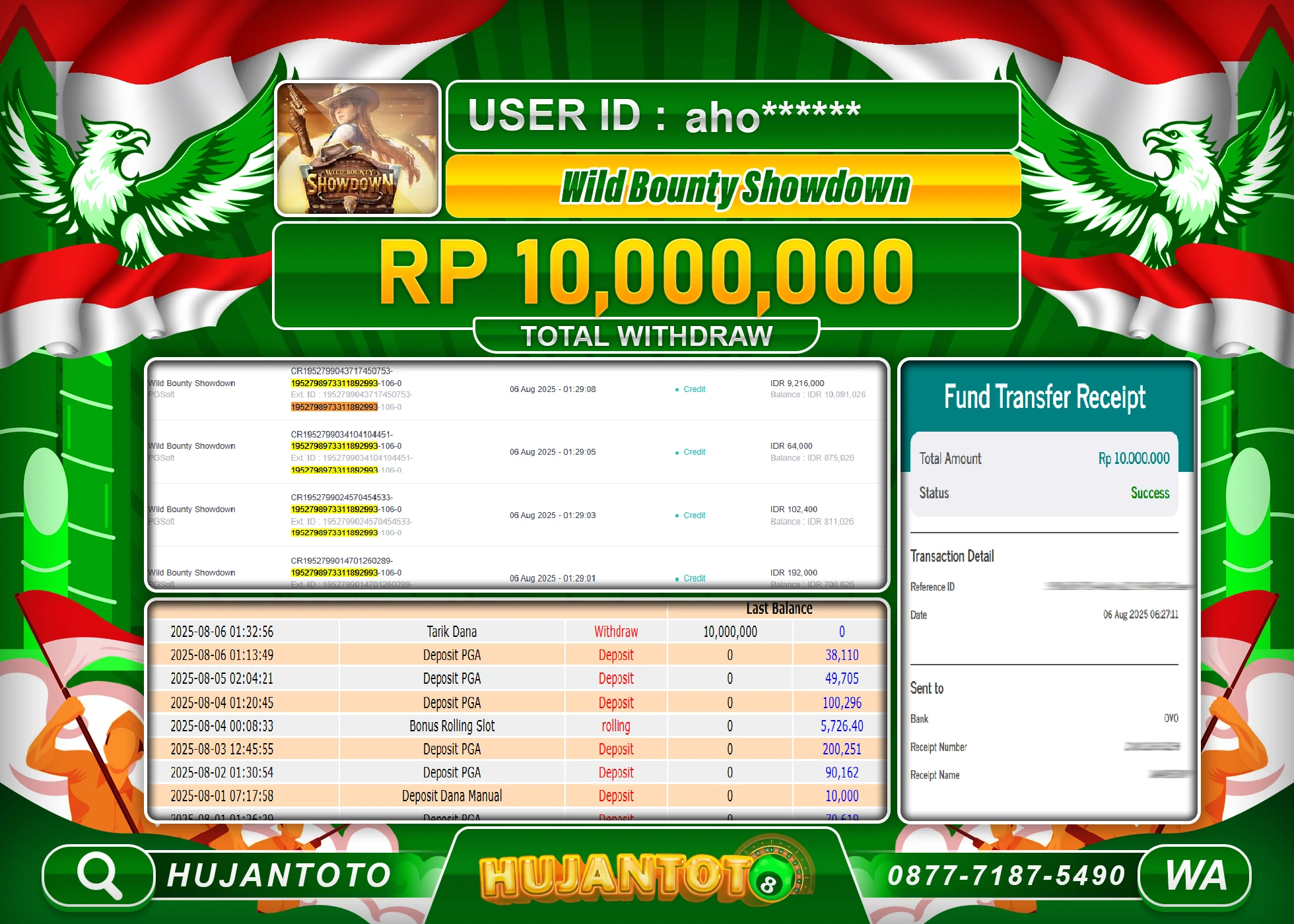 HUJANTOTO - BUKTI JACKPOT MENANG SLOT WILD BOUNTY SHOWDOWN Rp.10,000,000 - TERBAYAR LUNAS