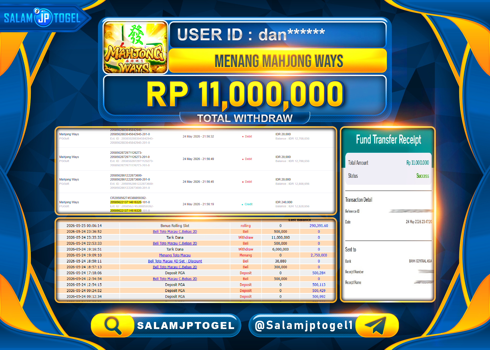 SALAMJPTOGEL JACKPOT Menang Mahjong Ways (PG Soft Slot) Rp.11,000,000 - LUNAS