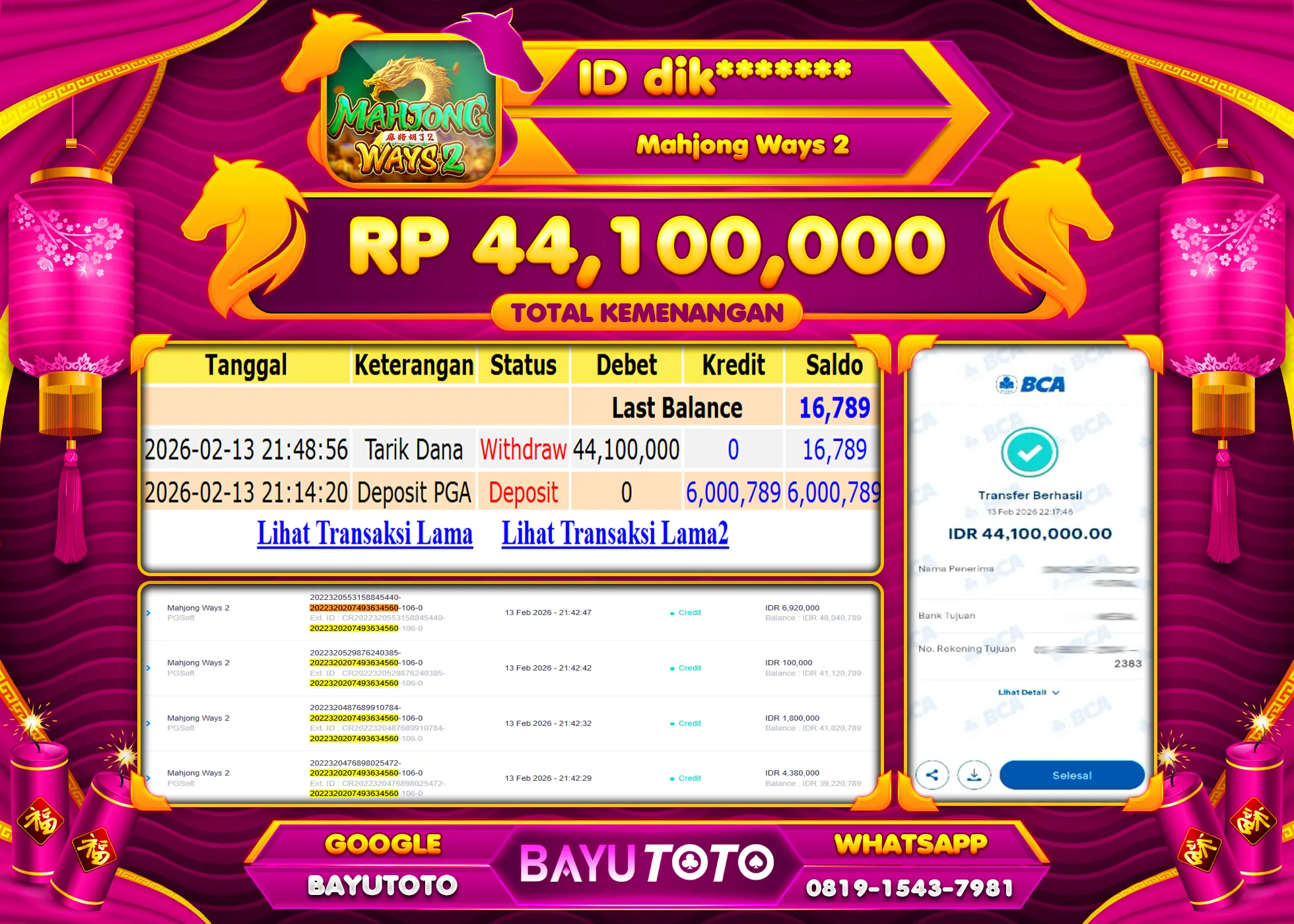 SELAMAT MEMBER SETIA BAYUTOTO JACKPOT DI SLOT MAHJONG WAYS 2 (PGSOFT) Rp. 44,100,000 LUNAS