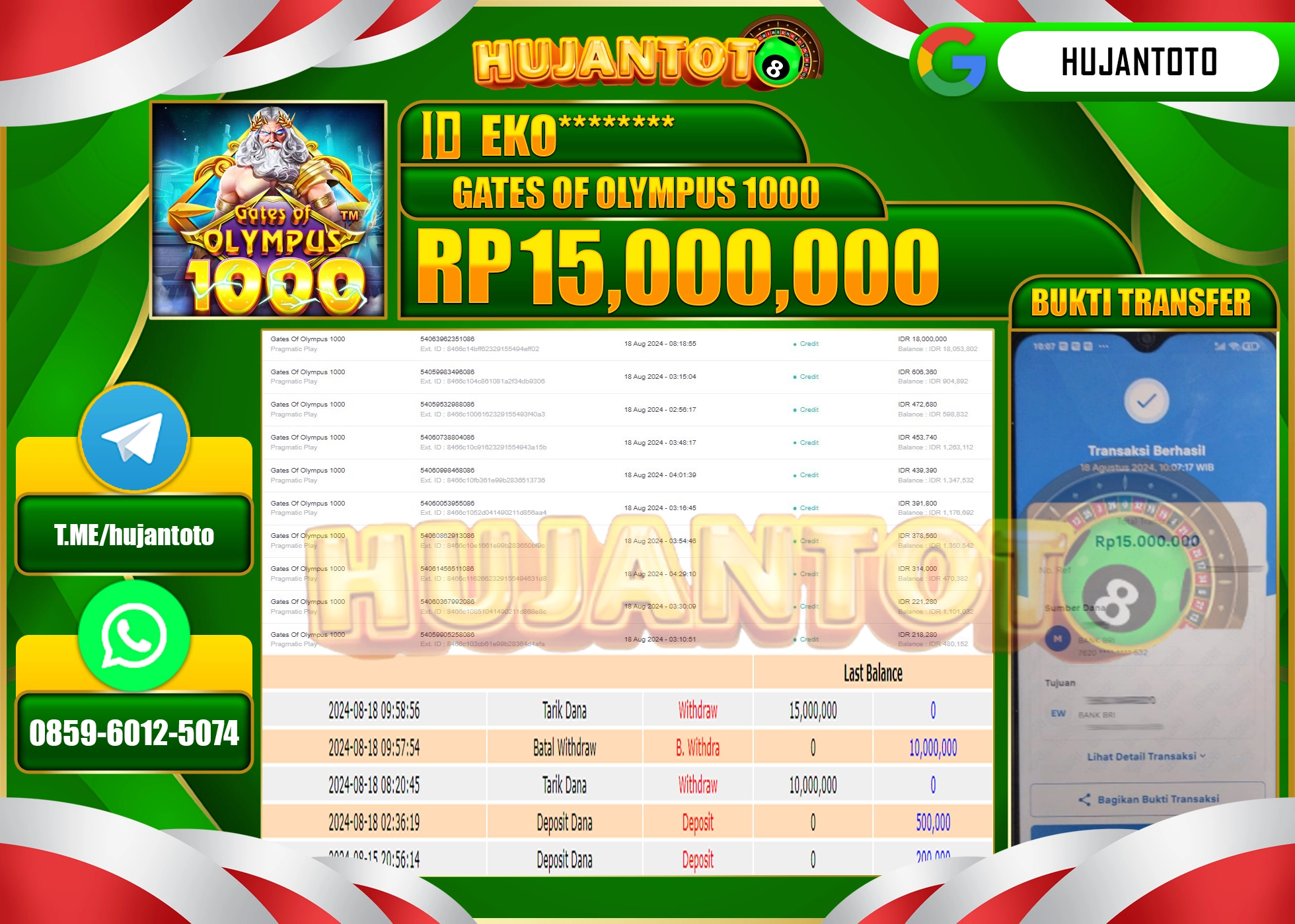 HUJANTOTO MENANG BESAR DI SLOTGATES OF OLYMPUS 15.000.000 - LUNAS 