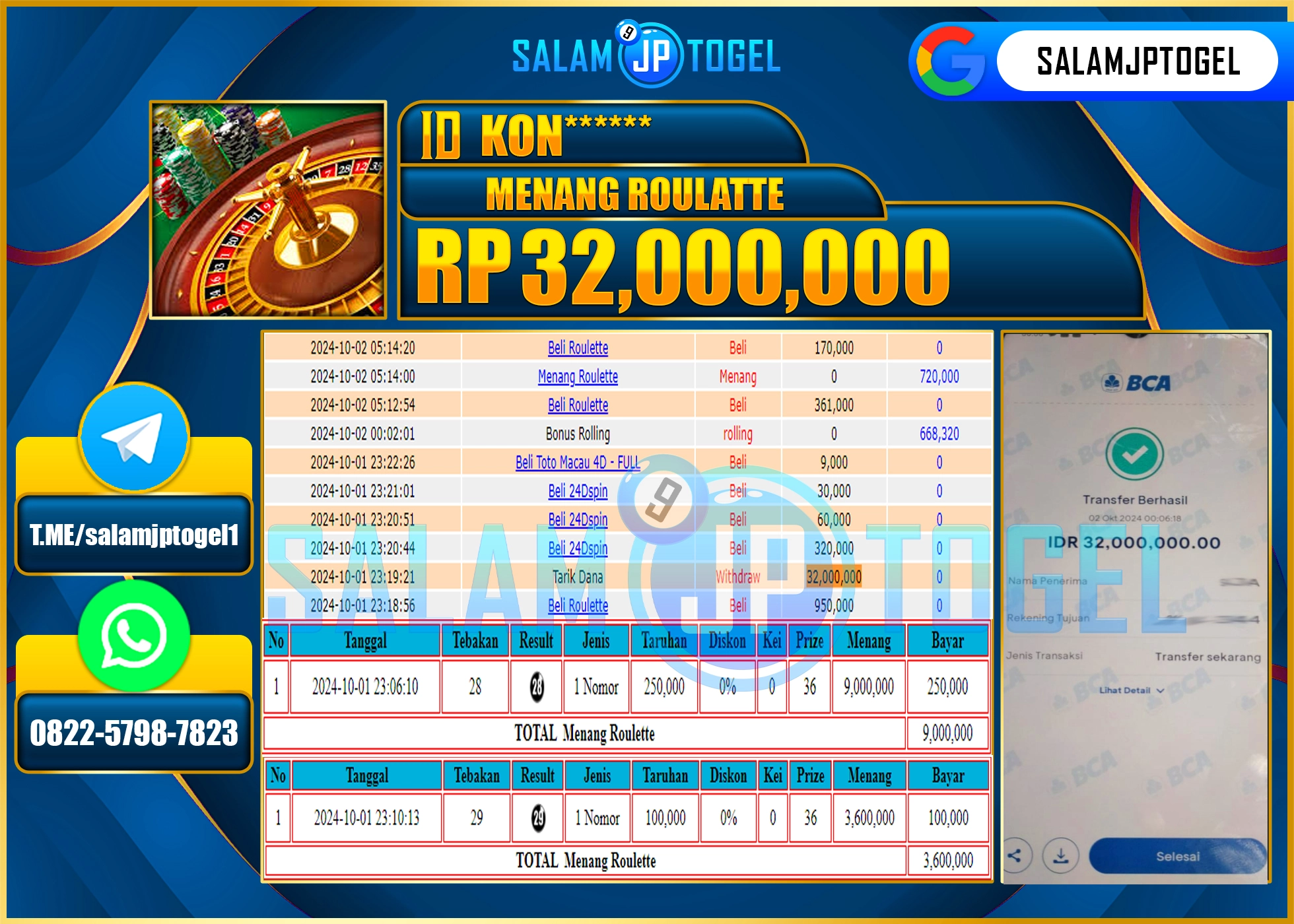 SALAMJPTOGEL MENANG LIVE 24D Spin 2  RP. 32,000,000 LUNAS