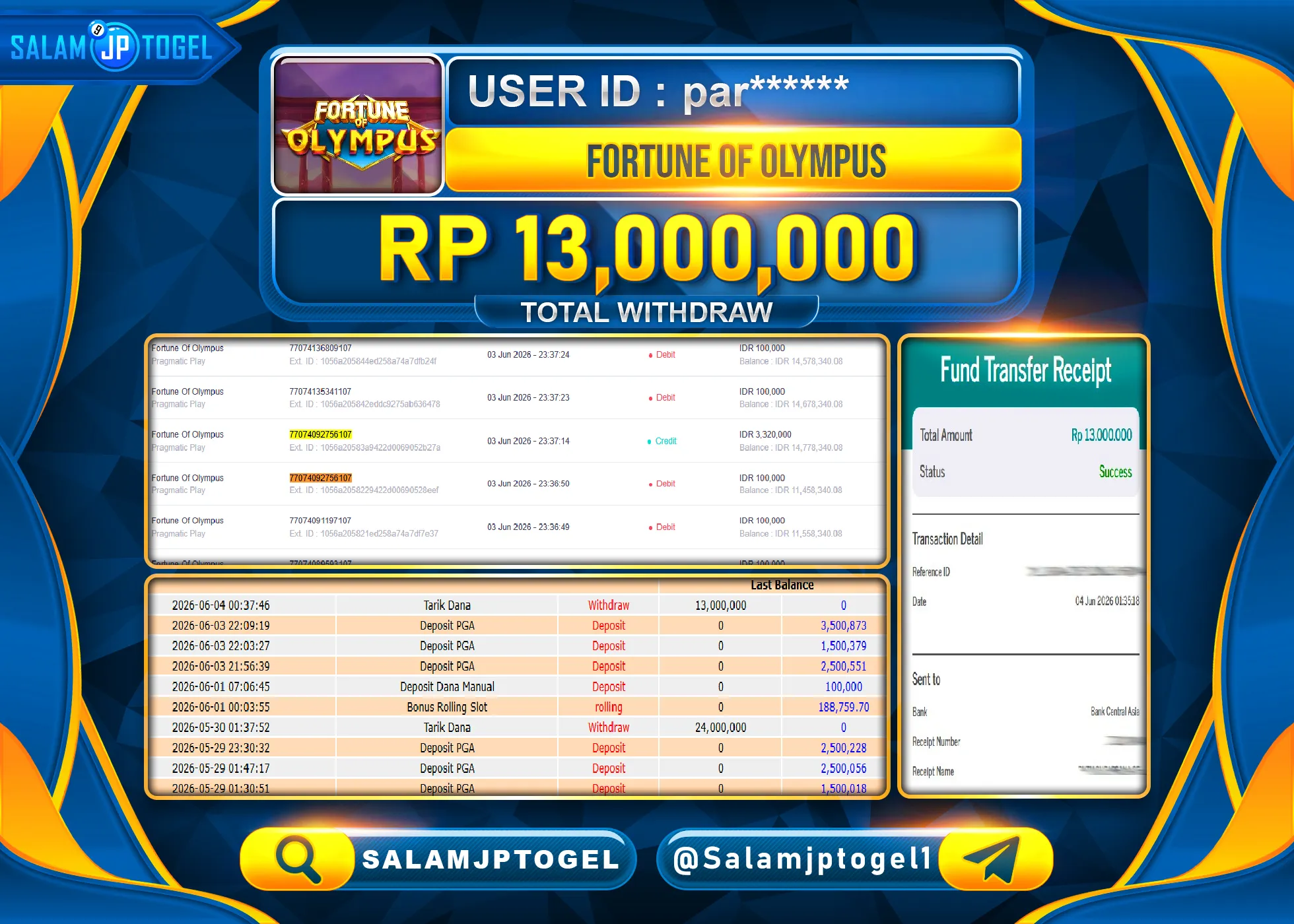 SALAMJPTOGEL JACKPOT MENANG SLOT FORTUNE OF OLYMPUS Rp.13,000,000 - LUNAS