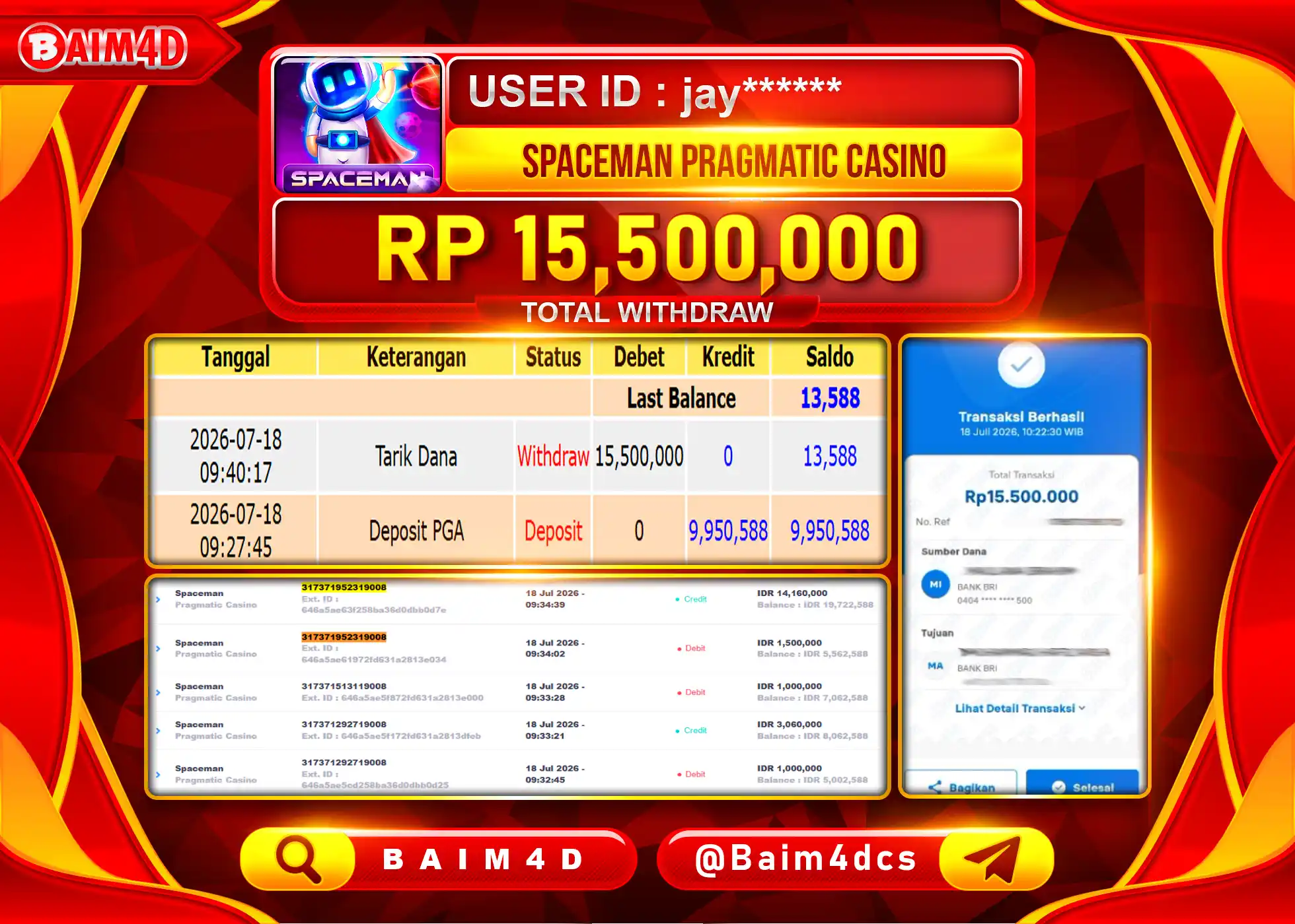 BAIM4D JACKPOT SPACEMAN PRAGMATIC Rp.15,500,000 - LUNAS