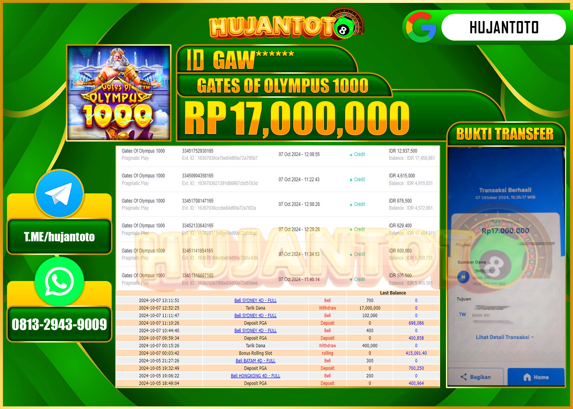 HUJANTOTO MENANG DI GATES OF OLYMPUS 1000  17,000,000- LUNAS 
