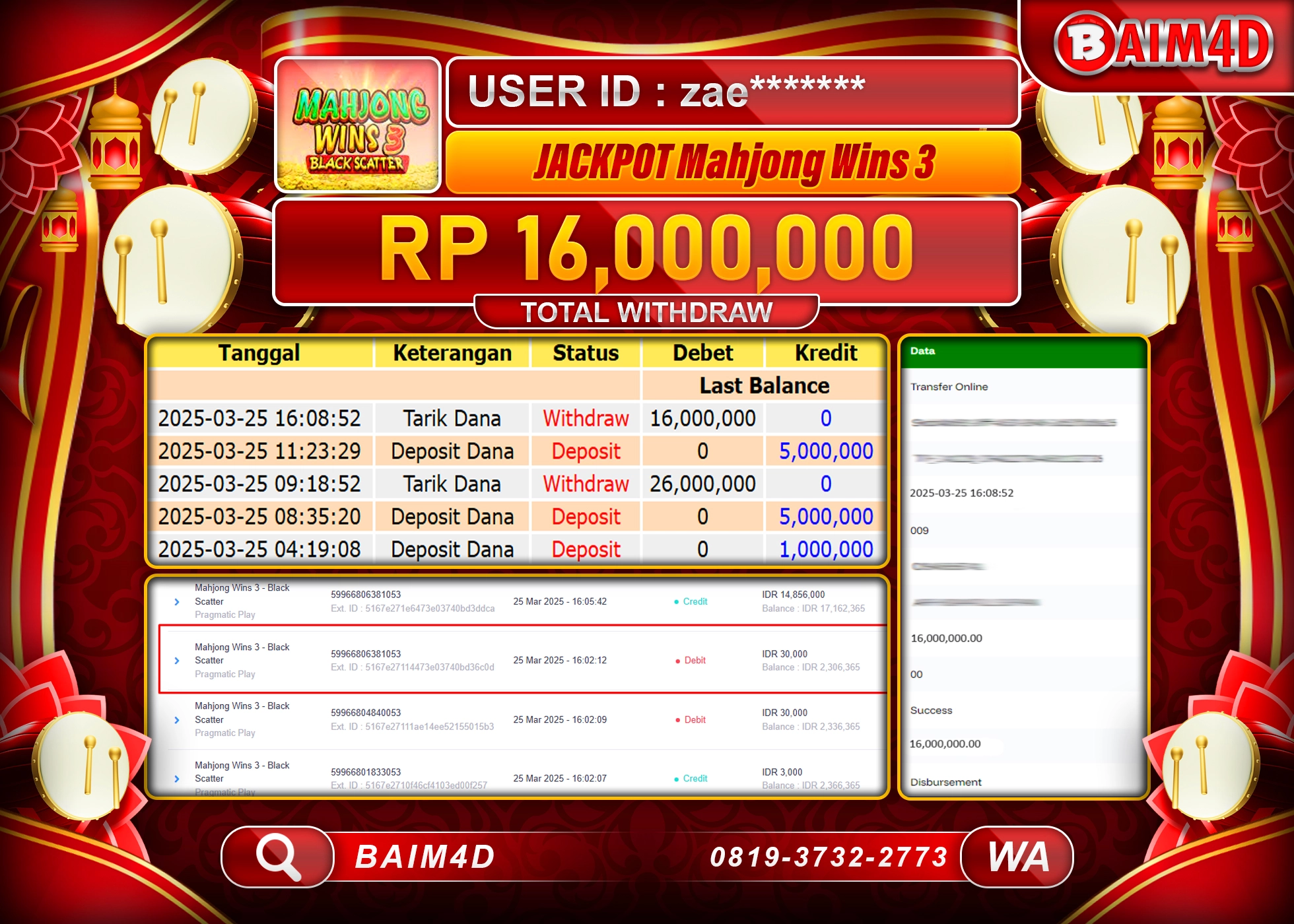 BAIM4D MENANG JACKPOT MAHJONG WINS 3 Rp.16.000,000.- LUNAS