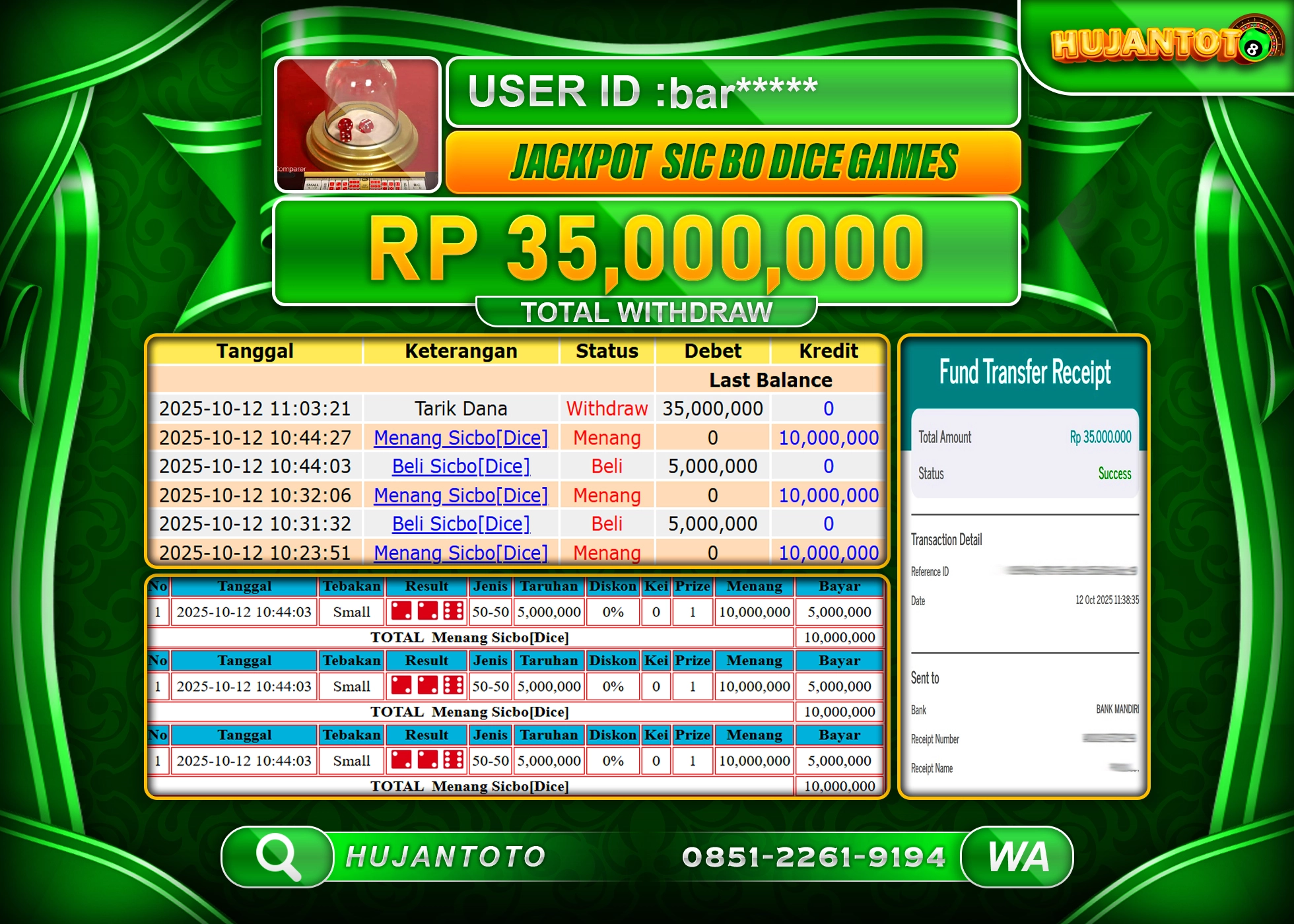 HUJANTOTO - BUKTI JACKPOT MENANG LIVE GAME SICBO DICE GAMES Rp.35,000,000 - TERBAYAR LUNAS
