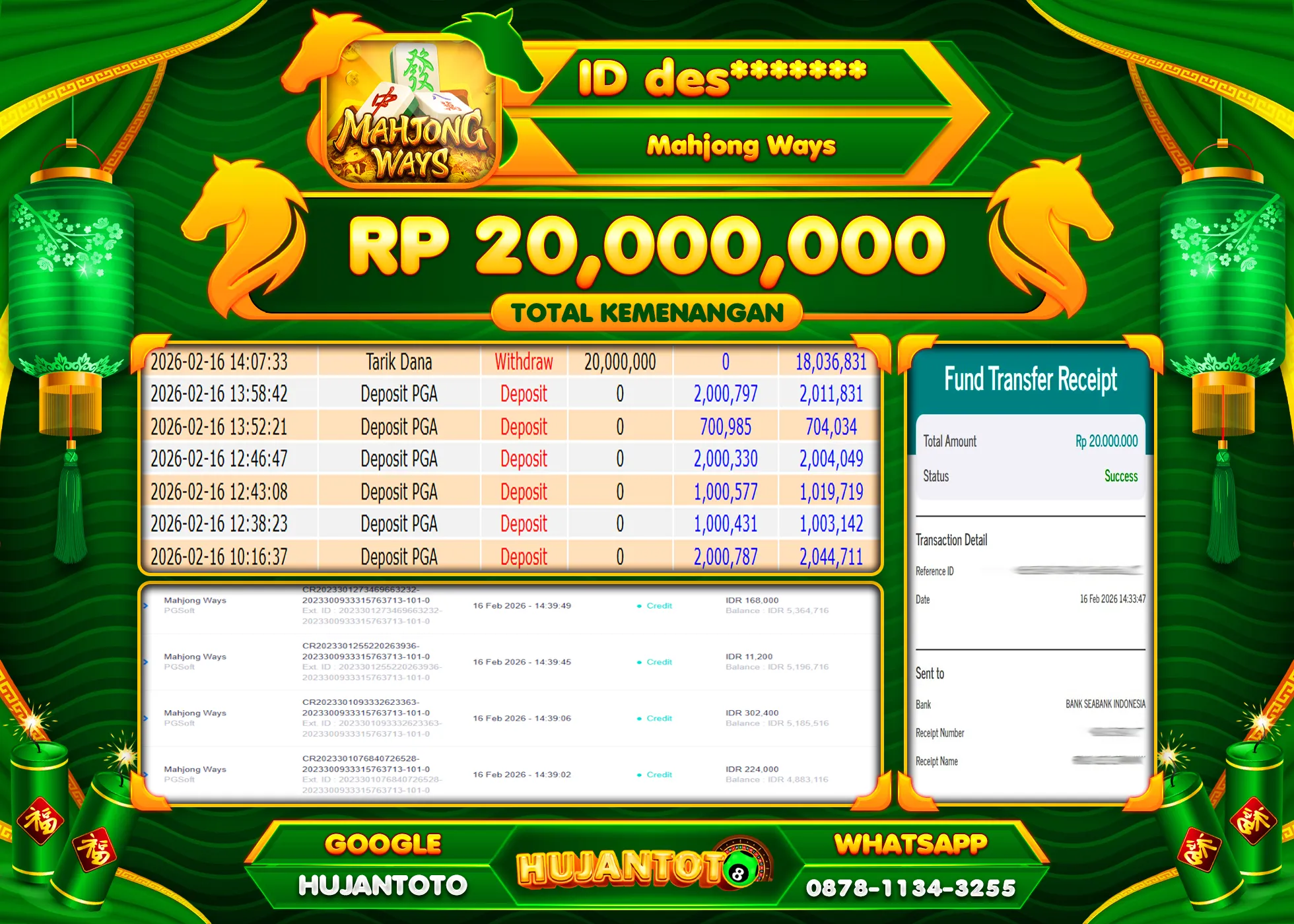 HUJANTOTO - BUKTI JACKPOT MENANG SLOT MAHJONG WAYS Rp.20,000,000 - TERBAYAR LUNAS