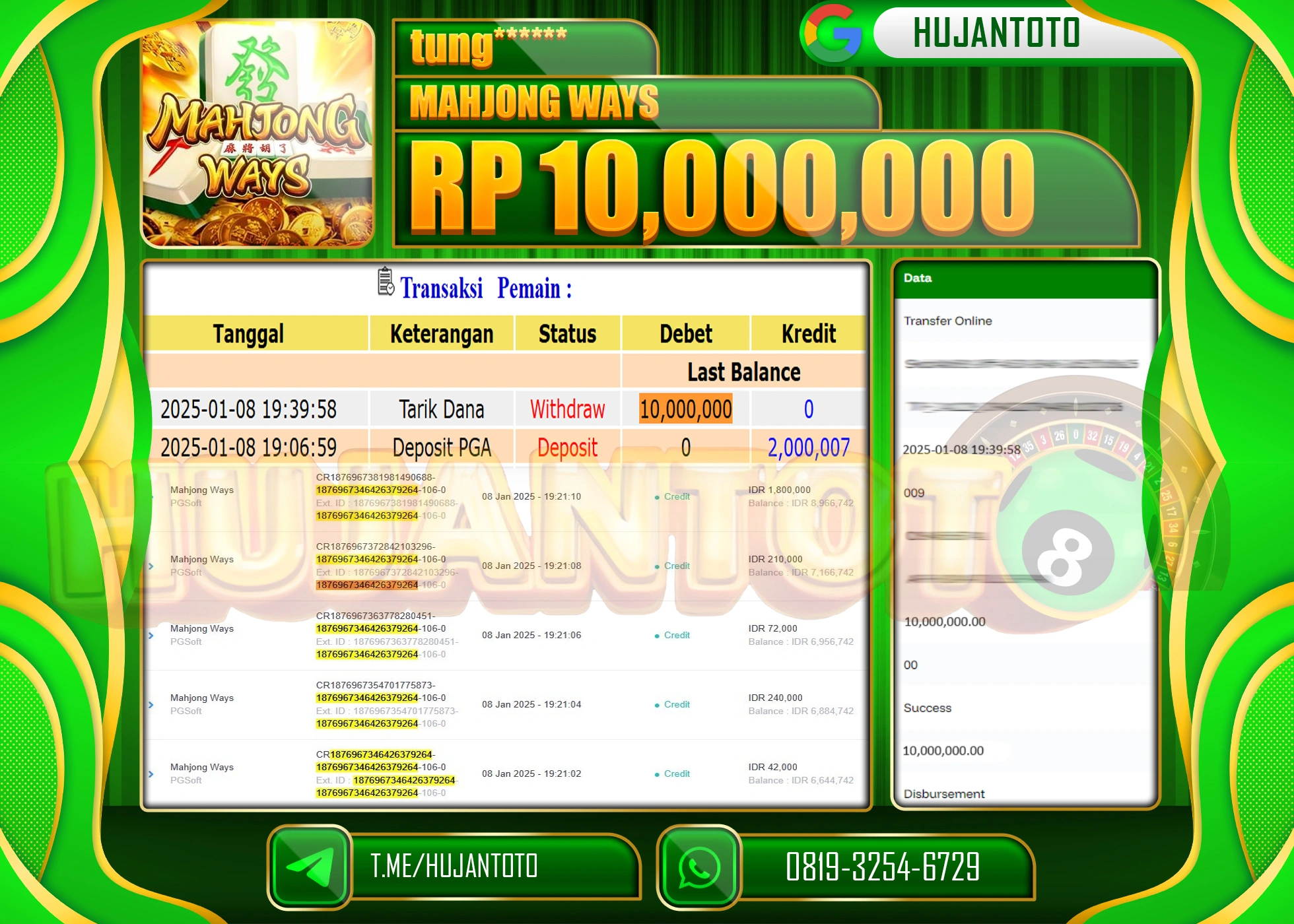 HUJANTOTO - BUKTI JACKPOT DI PERMAINAN SLOT MAHJONG WAYS Rp,10,000,000,- TERBAYAR LUNAS