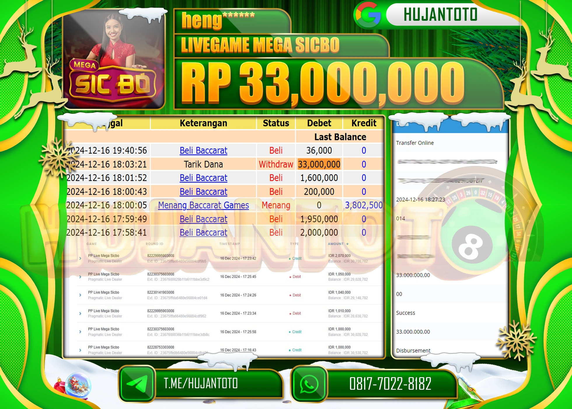 HUJANTOTO ATAS KEMENANGAN BESAR YANG DI RAIH DI PERMAINA LIVE GAME MEGA SICBO SEBESAR  - 33,000,000 - TERBAYAR LUNAS