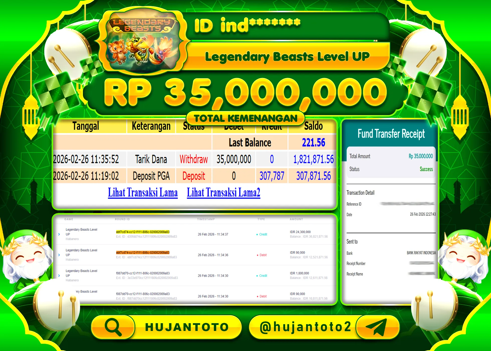 HUJANTOTO - BUKTI JACKPOT MENANG SLOT LEGENDARY BEASTS Rp.35,000,000 - TERBAYAR LUNAS
