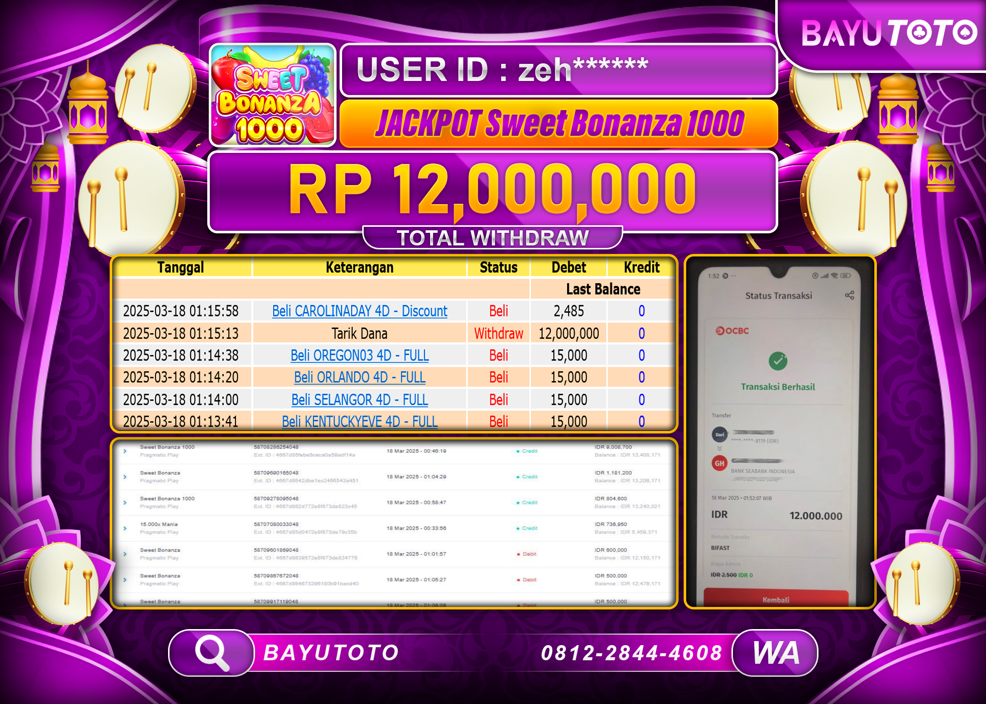 BAYUTOTO JACKPOT  DI SLOT NYA SWEET BONANZA Rp.12.000.000 LUNAS