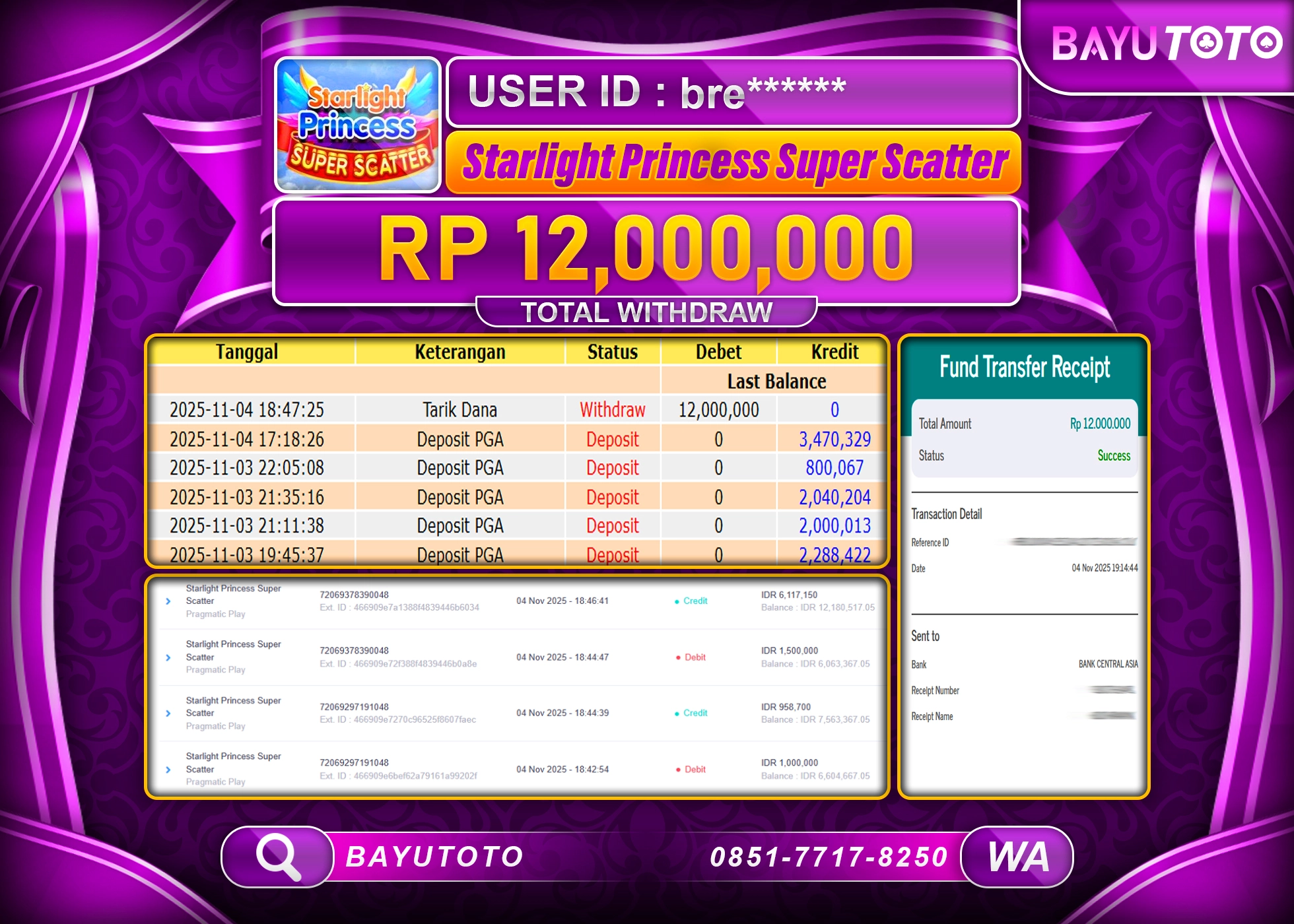 MEMBER BAYUTOTO JACKPOT DI STARLIGHT PRINCESS SUPER SCATTER Rp. 12,000,000 LUNAS