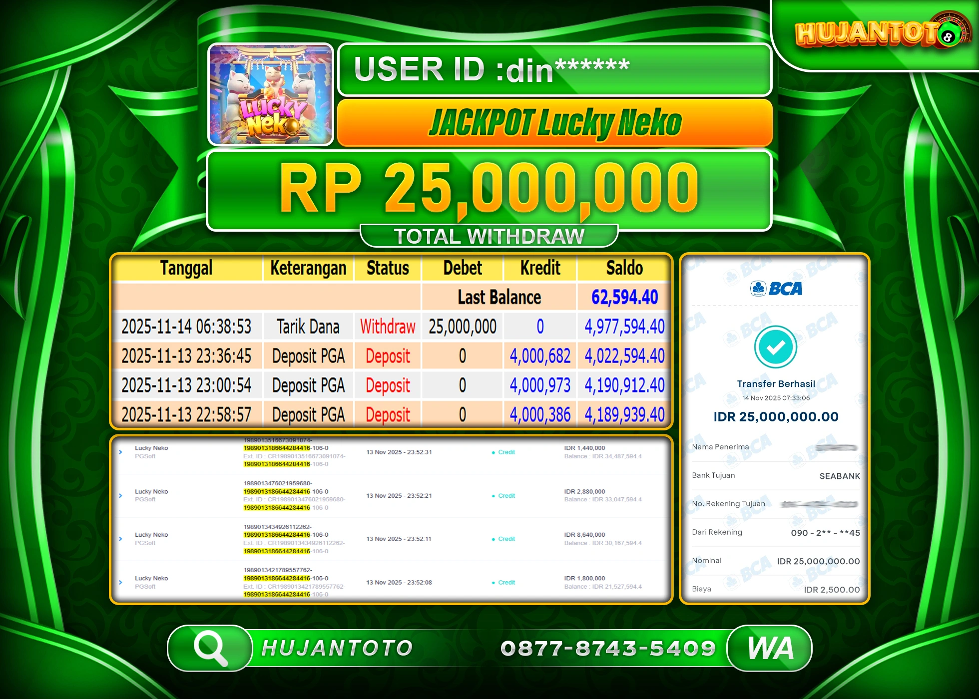 HUJANTOTO - BUKTI JACKPOT MENANG SLOT LUCKY NEKO ( PG SOFT ) Rp.25,000,000 - TERBAYAR LUNAS