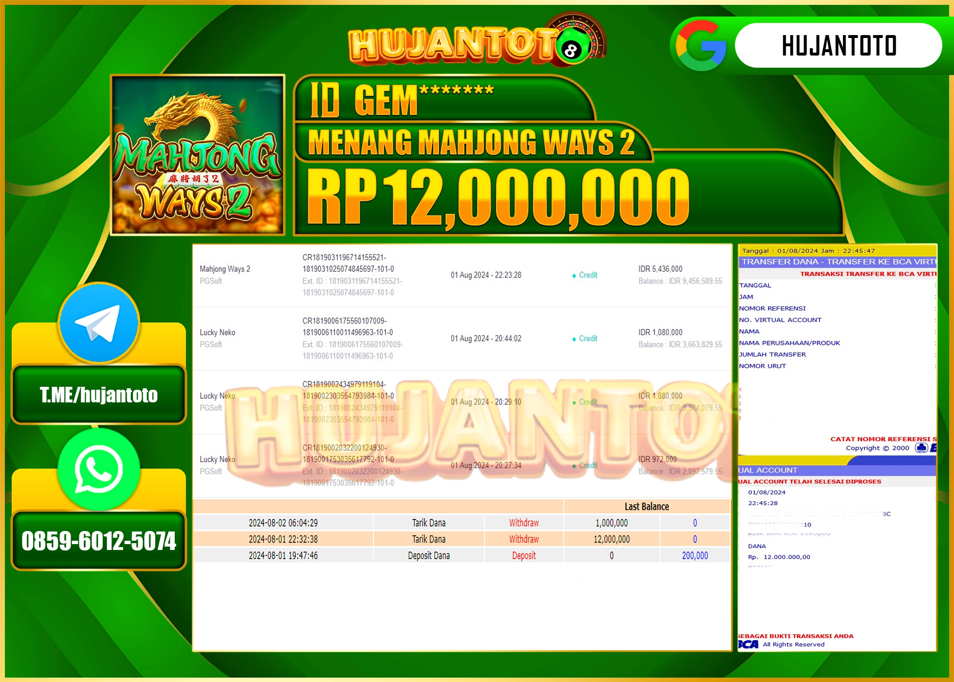 HUJANTOTO MENANG BESAR DI PERMAINAN SLOT MAHJONG WAYS 2 (PG SOFT) 12.000.000 - LUNAS 