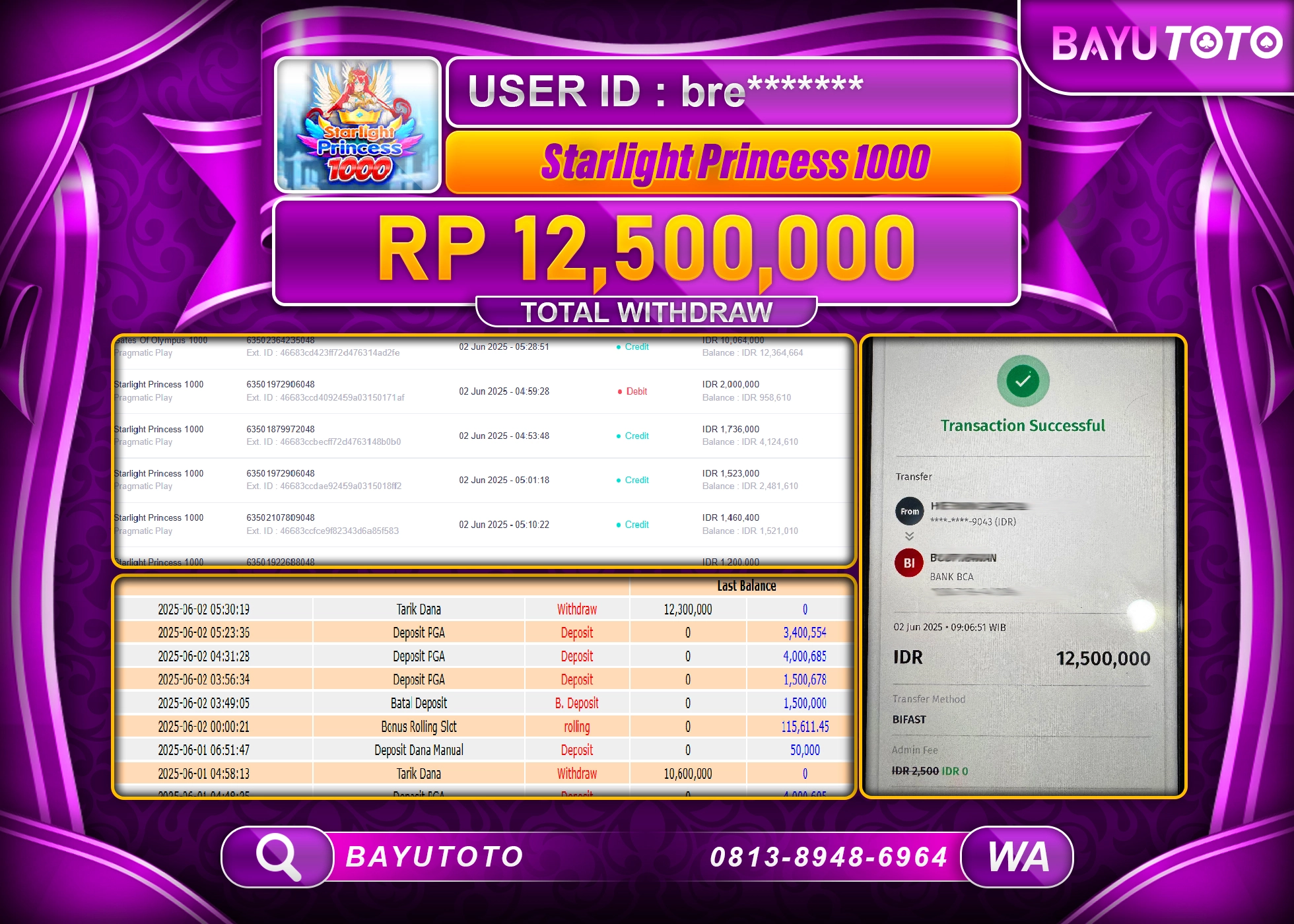 BAYUTOTO JACKPOT DI SLOT STARLIGHT PRINCES 1000 Rp.12,500,000 LUNAS