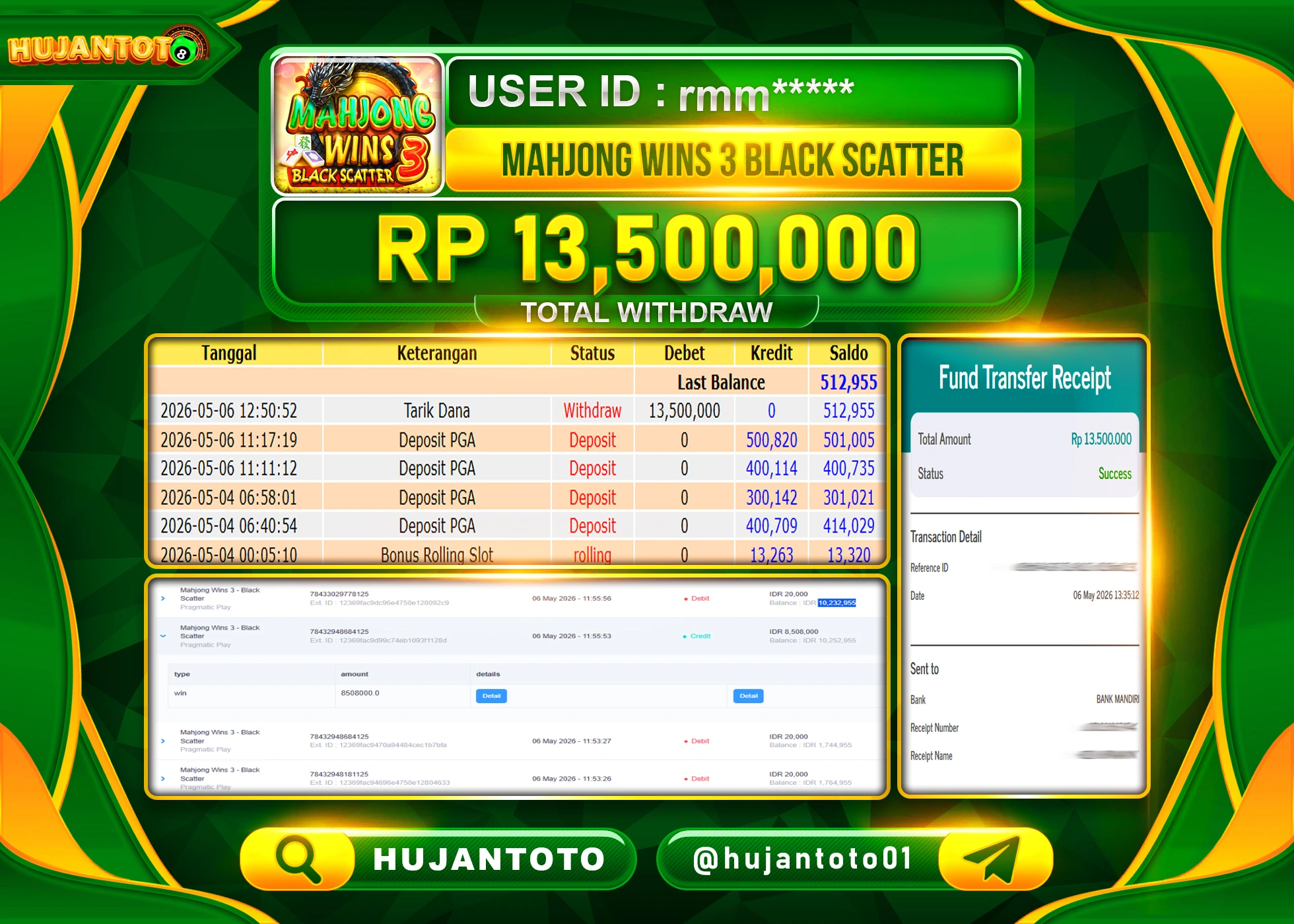 HUJANTOTO - BUKTI JACKPOT MENANG SLOT MAHJONG WINS 3 BLACK SCATTER Rp.13,500,000 - TERBAYAR LUNAS