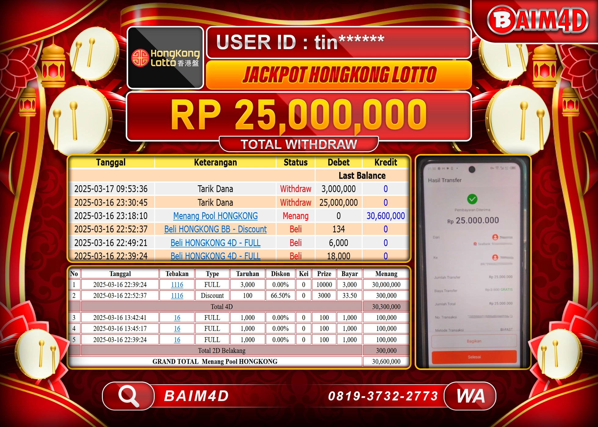 BAIM4D JACKPOT MENANG HONGKONG LOTTO Rp.25.000,000.- LUNAS